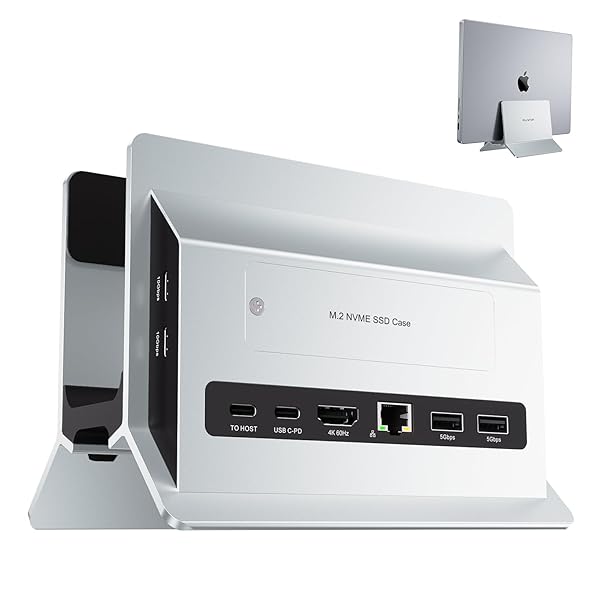 PULWTOP PULWTOP Vertical MacBook Docking Station with M.2 NVMe Case 4K HDMI USB C SD TF 100W PD RJ45 for MacBook Pro Air and Windows Silver