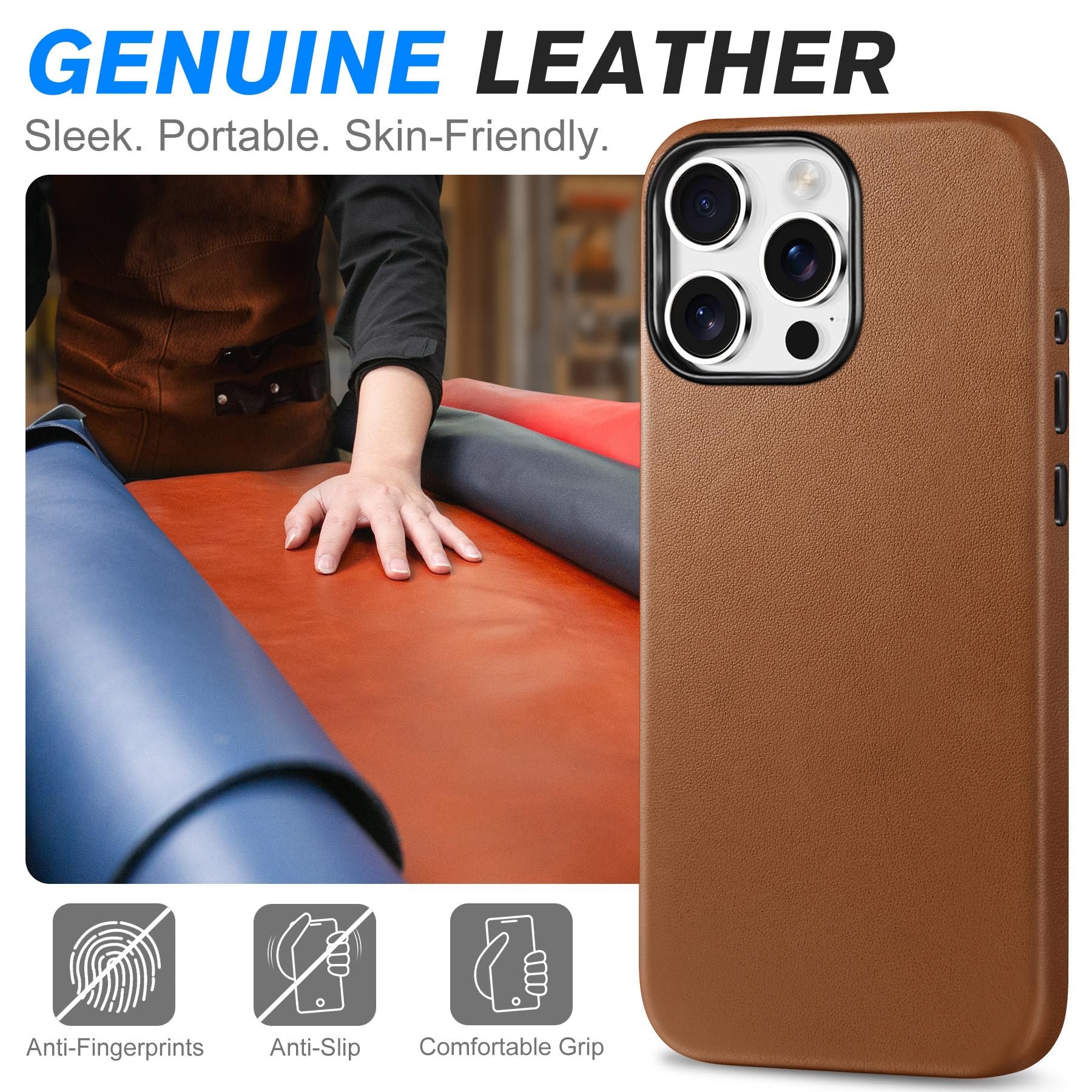 SHIELDON SHIELDON Leather Case for iPhone 16 Pro Max Genuine Leather Magnetic Charging Anti-Scratch Non-Slip Grip Shockproof Slim Cover Nappa Saddle Brown - View 3 of 9