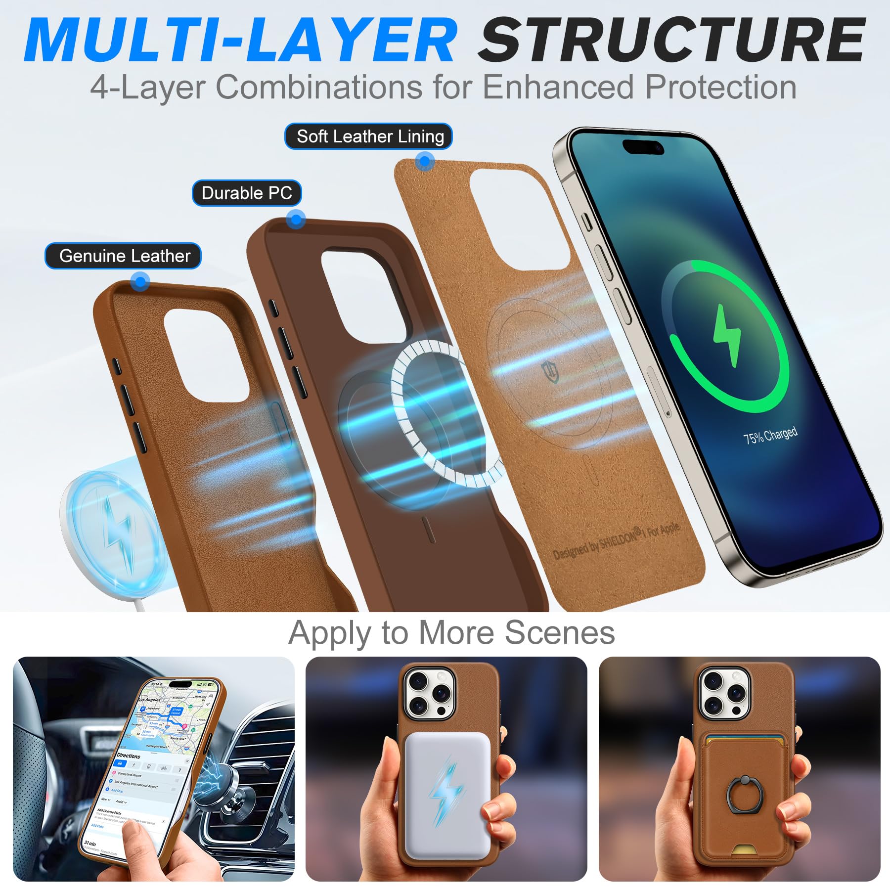 SHIELDON SHIELDON Leather Case for iPhone 16 Pro Max Genuine Leather Magnetic Charging Anti-Scratch Non-Slip Grip Shockproof Slim Cover Nappa Saddle Brown - View 4 of 9