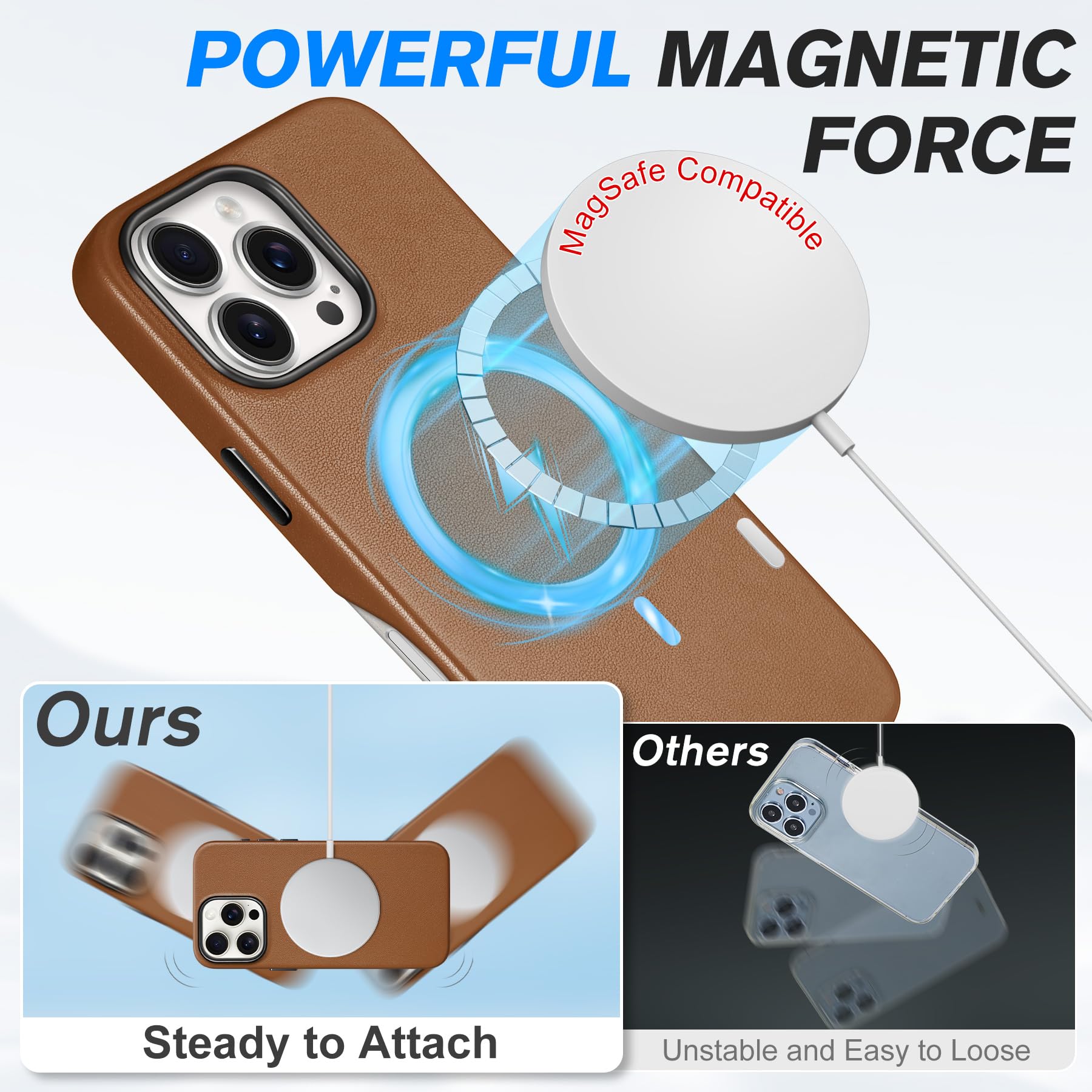 SHIELDON SHIELDON Leather Case for iPhone 16 Pro Max Genuine Leather Magnetic Charging Anti-Scratch Non-Slip Grip Shockproof Slim Cover Nappa Saddle Brown - View 5 of 9