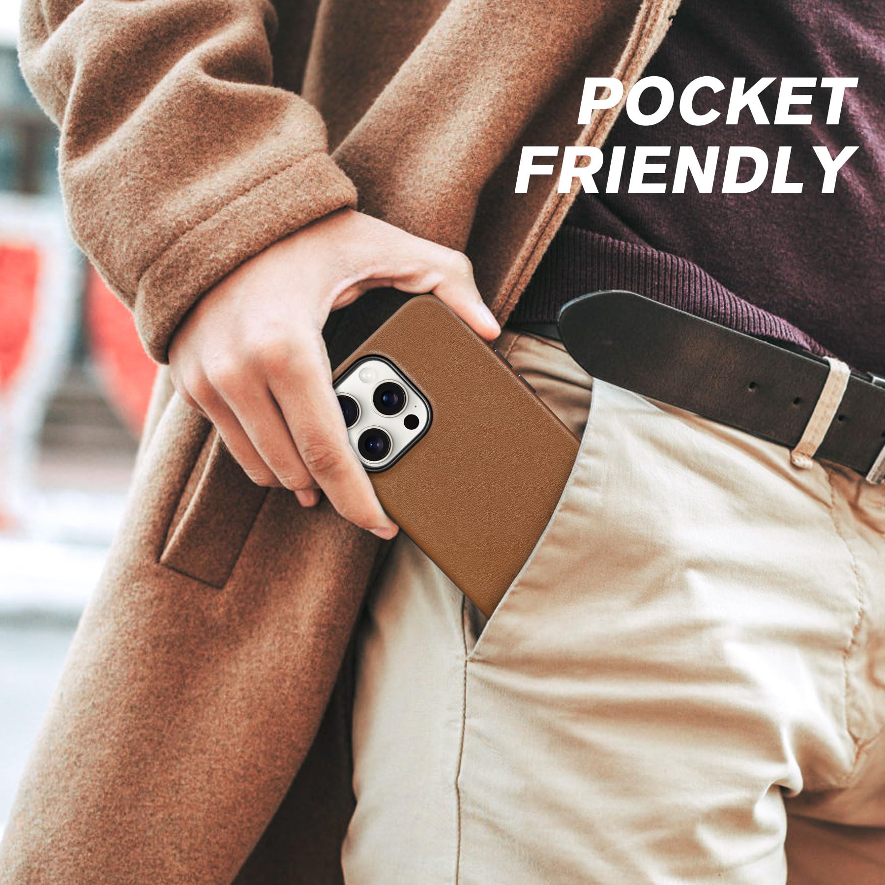 SHIELDON SHIELDON Leather Case for iPhone 16 Pro Max Genuine Leather Magnetic Charging Anti-Scratch Non-Slip Grip Shockproof Slim Cover Nappa Saddle Brown - View 8 of 9