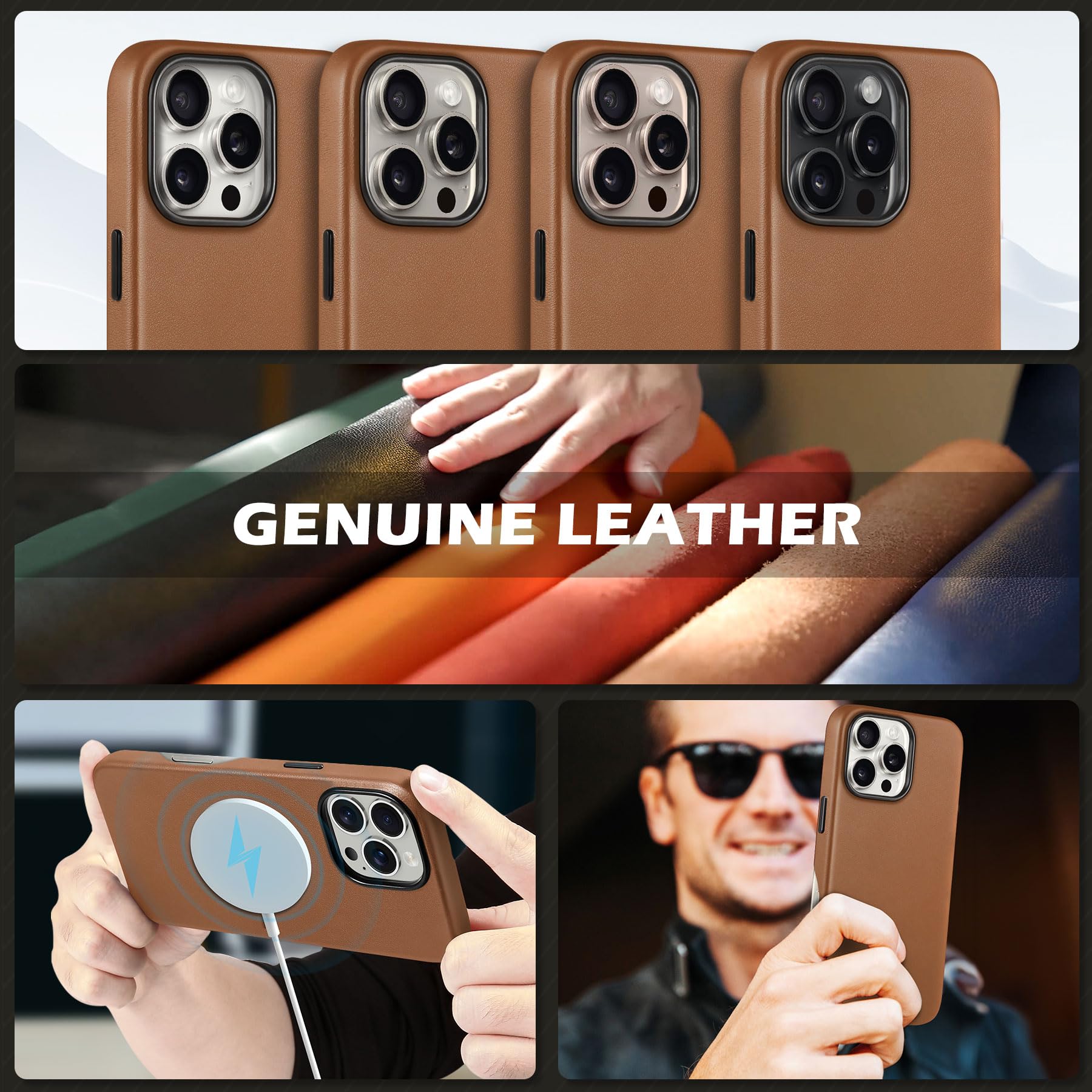 SHIELDON SHIELDON Leather Case for iPhone 16 Pro Max Genuine Leather Magnetic Charging Anti-Scratch Non-Slip Grip Shockproof Slim Cover Nappa Saddle Brown - View 9 of 9