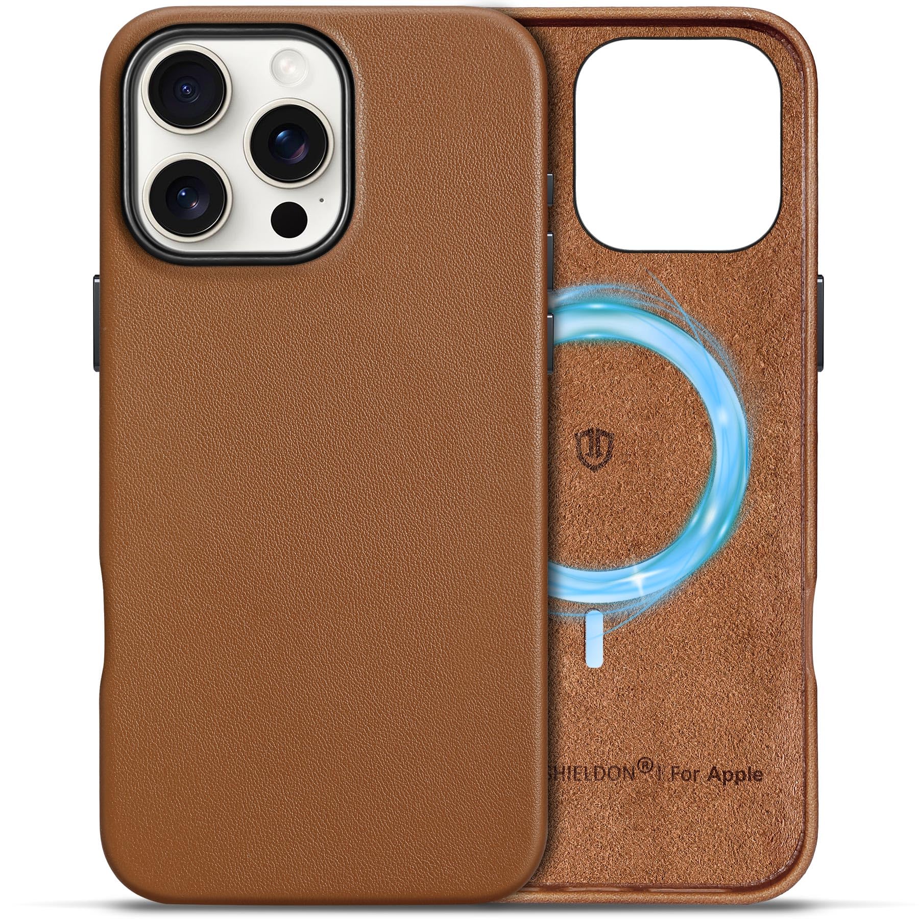 SHIELDON SHIELDON Leather Case for iPhone 16 Pro Max Genuine Leather Magnetic Charging Anti-Scratch Non-Slip Grip Shockproof Slim Cover Nappa Saddle Brown
