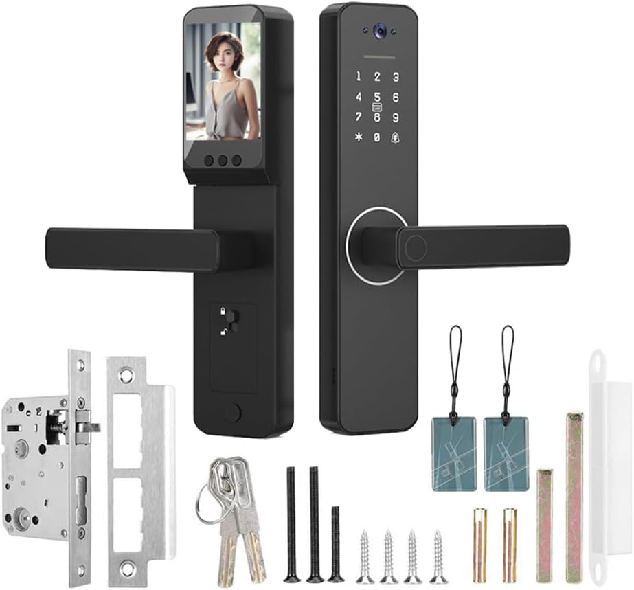 Splenssy Smart Lock with 120° Wide-Angle Camera and Smart Doorbell Keyless Entry Door Lock Handle Aluminum Alloy Biometric Door Lock TY App Remote Operation WiFi for 35-60mm Office Home Bedroom Door