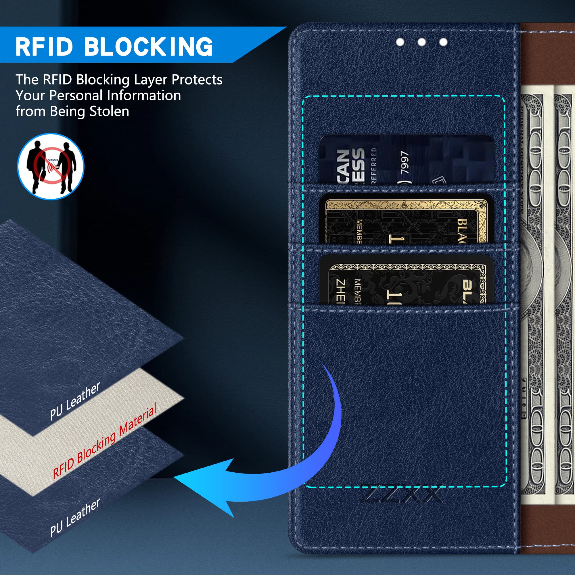 ZZXX ZZXX iPhone 16 Pro Max Wallet Case RFID Blocking Card Slot Kickstand Magnetic Closure Leather Flip Fold Protective Case Blue 6.9 inch - View 2 of 7