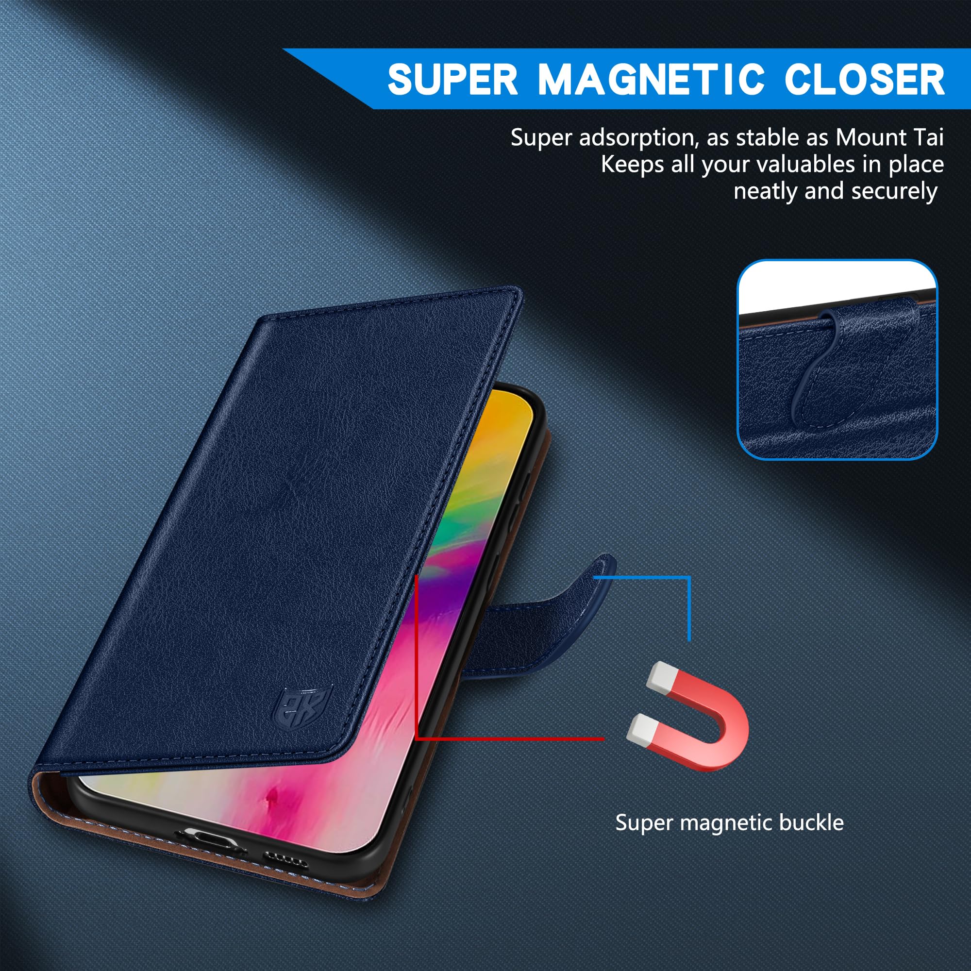 ZZXX ZZXX iPhone 16 Pro Max Wallet Case RFID Blocking Card Slot Kickstand Magnetic Closure Leather Flip Fold Protective Case Blue 6.9 inch - View 3 of 7