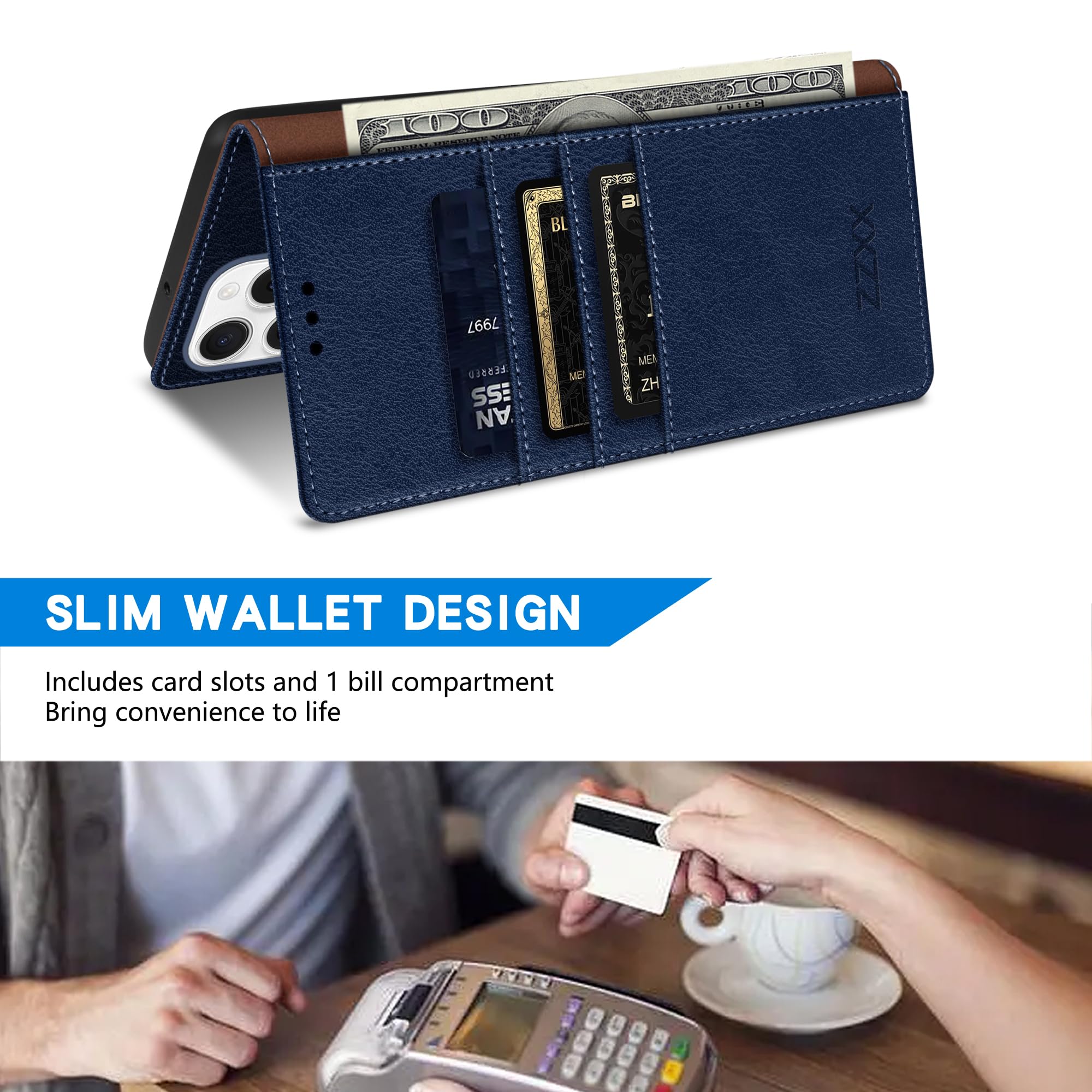 ZZXX ZZXX iPhone 16 Pro Max Wallet Case RFID Blocking Card Slot Kickstand Magnetic Closure Leather Flip Fold Protective Case Blue 6.9 inch - View 4 of 7