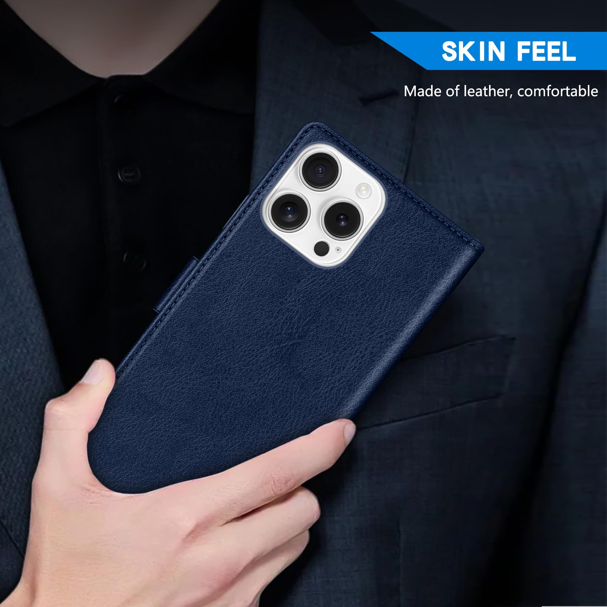 ZZXX ZZXX iPhone 16 Pro Max Wallet Case RFID Blocking Card Slot Kickstand Magnetic Closure Leather Flip Fold Protective Case Blue 6.9 inch - View 6 of 7