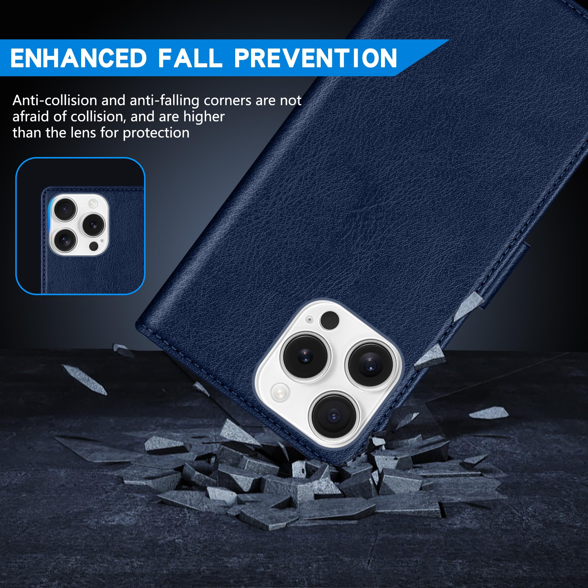 ZZXX ZZXX iPhone 16 Pro Max Wallet Case RFID Blocking Card Slot Kickstand Magnetic Closure Leather Flip Fold Protective Case Blue 6.9 inch - View 7 of 7