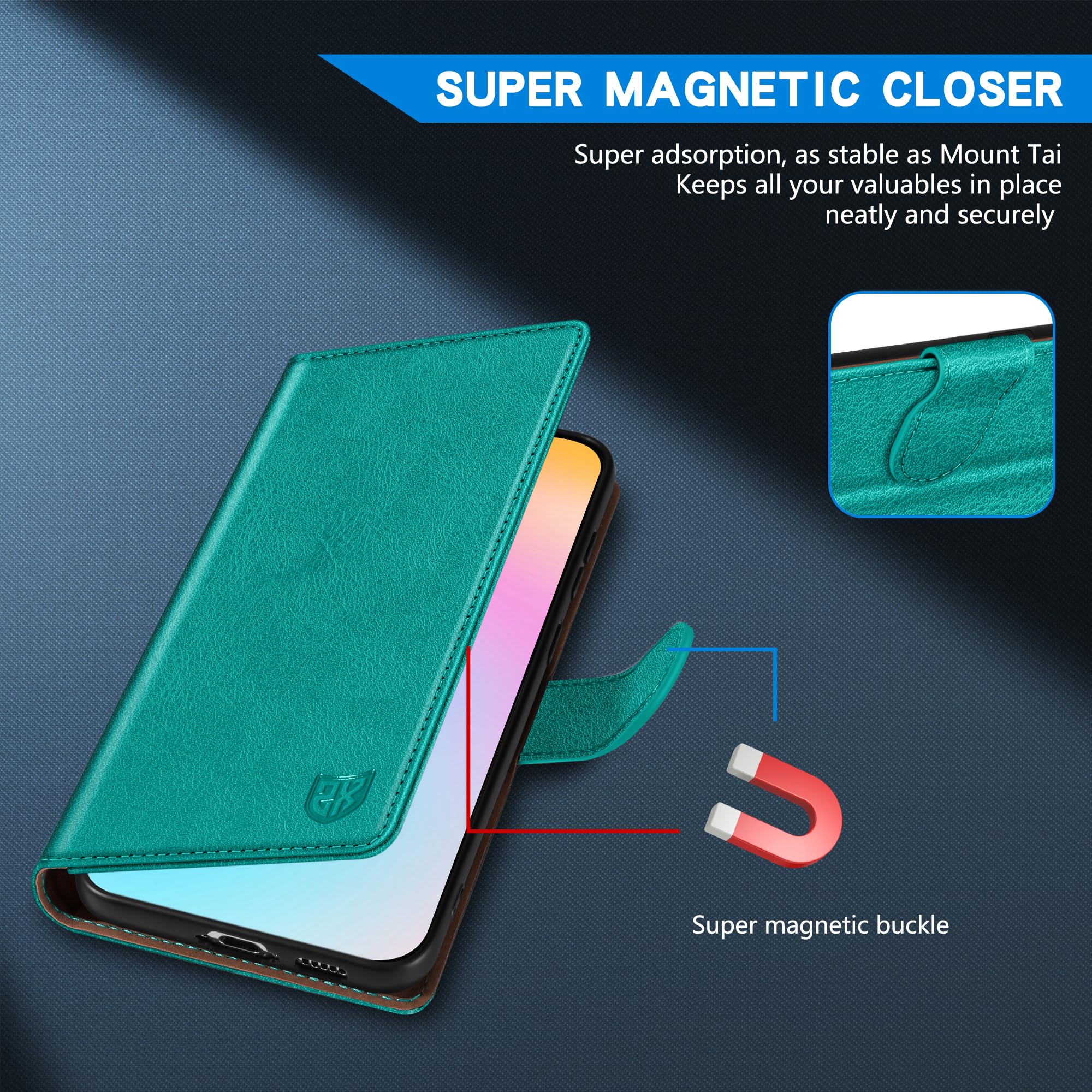 ZZXX ZZXX iPhone 16 Wallet Case RFID Blocking Card Slot Kickstand Magnetic Closure Leather Flip Fold Protective Case Lake Blue 6.1 inch - View 3 of 7