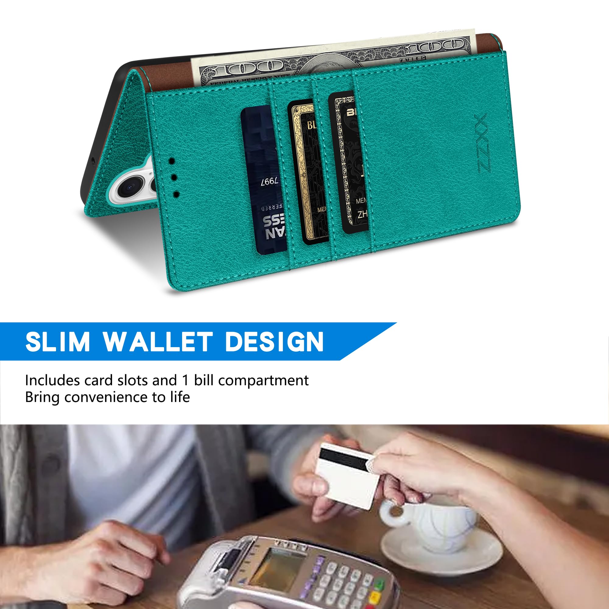 ZZXX ZZXX iPhone 16 Wallet Case RFID Blocking Card Slot Kickstand Magnetic Closure Leather Flip Fold Protective Case Lake Blue 6.1 inch - View 4 of 7