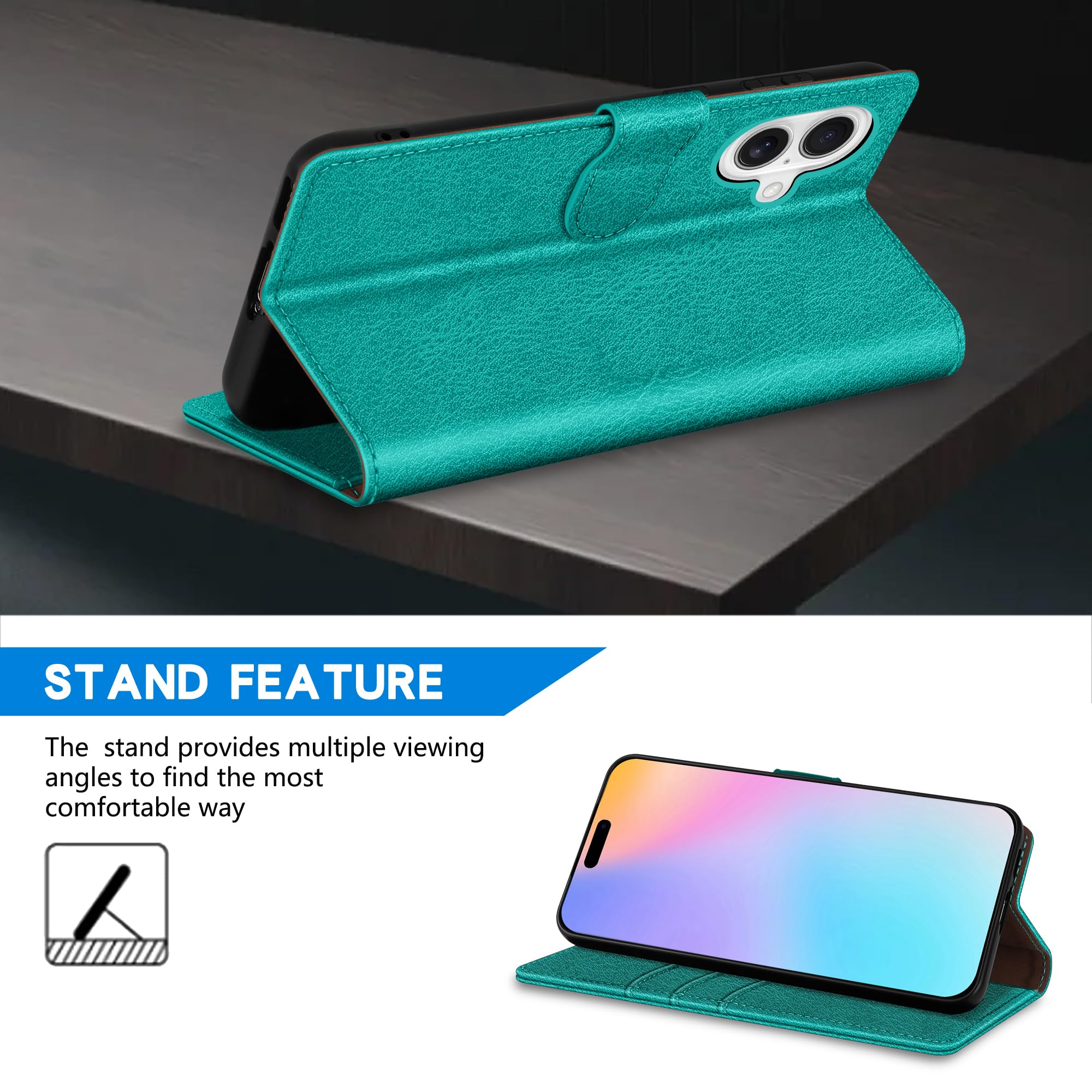 ZZXX ZZXX iPhone 16 Wallet Case RFID Blocking Card Slot Kickstand Magnetic Closure Leather Flip Fold Protective Case Lake Blue 6.1 inch - View 5 of 7