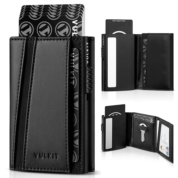 VULKIT VULKIT Minimalist Wallet Pop Up Card Holder Metal Case RFID Blocking with Coin Purse and Key Hole for Men Black