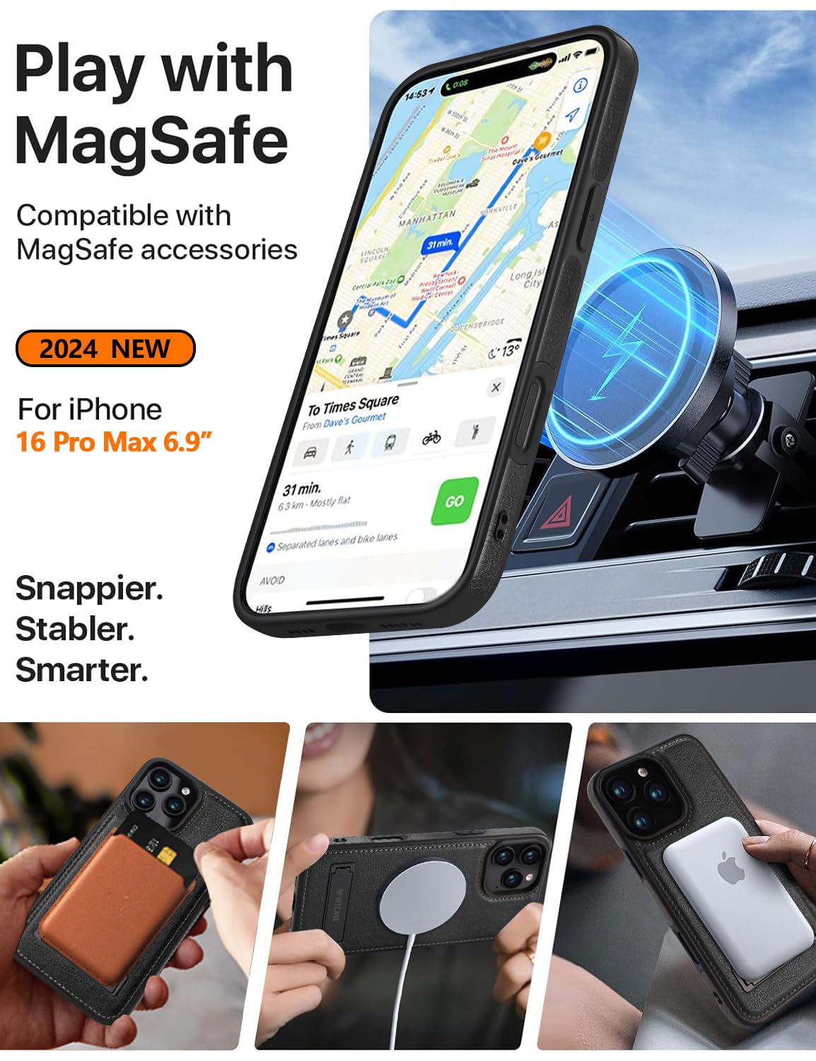 WTCASE WTCASE Magnetic Leather Case for iPhone 16 Pro Max with Built-in Stand Compatible with Magsafe Slim Protective Cover Black 2024 - View 3 of 6
