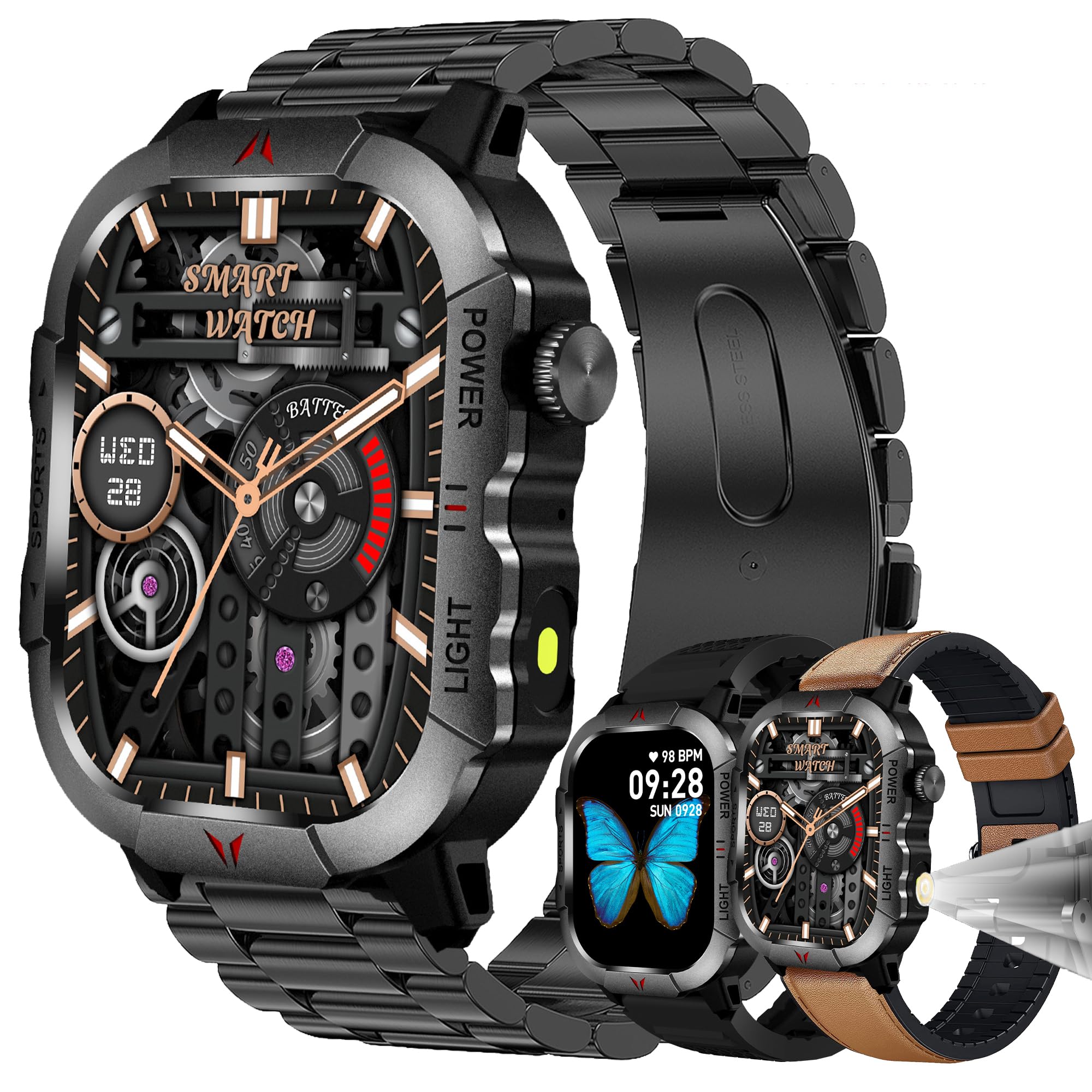 ZPIMY 2.01 AMOLED Smart Watch for Men with Call Function LED Lighting 5ATM Waterproof Fitness Tracker for Android iPhones 3 Straps Brown