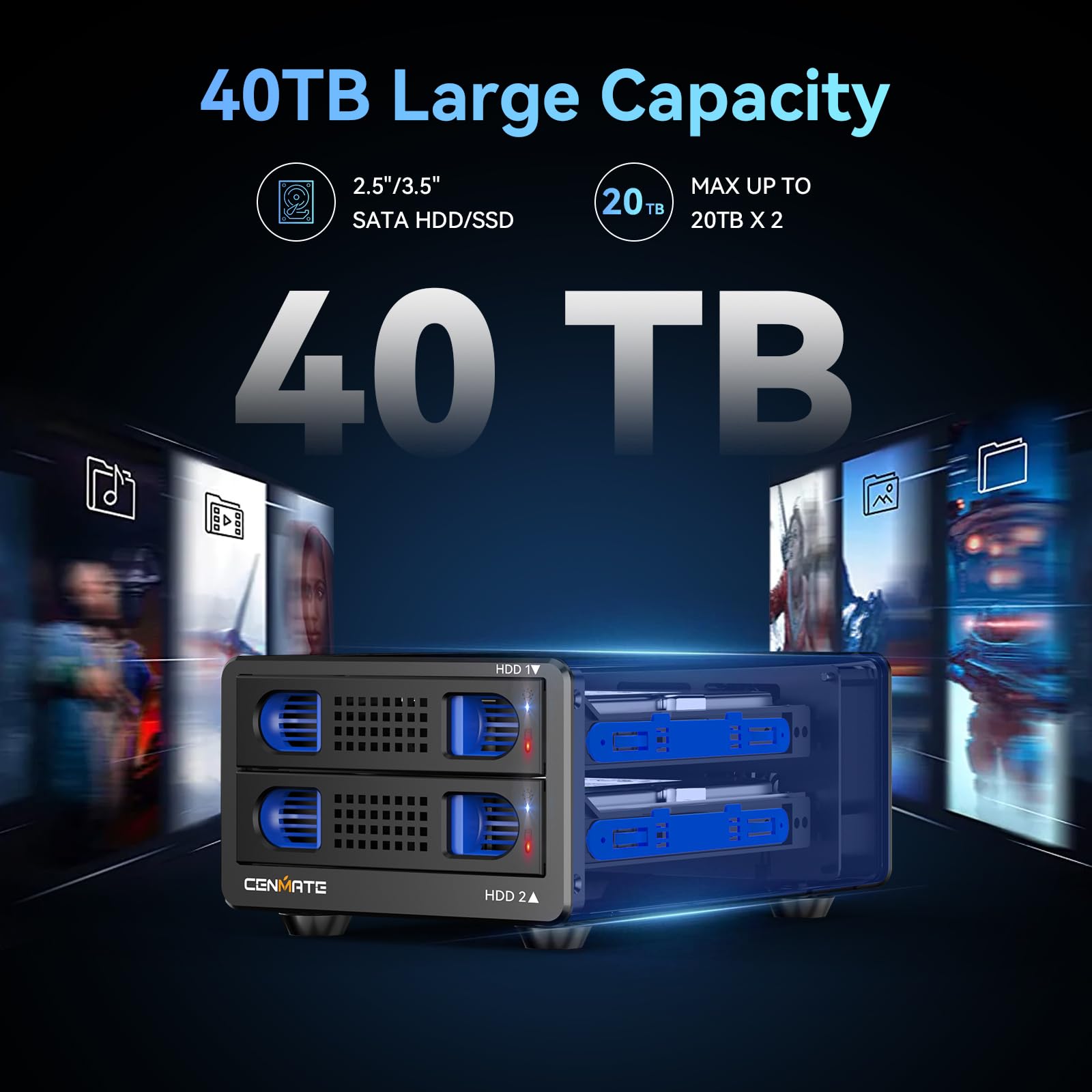 cenmate CENMATE Aluminum Dual Bay Hard Drive RAID Enclosure with Cooling Fan for SATA HDD SSD USB A C 3.0 Tool Free 4 Modes RAID Support - View 2 of 8