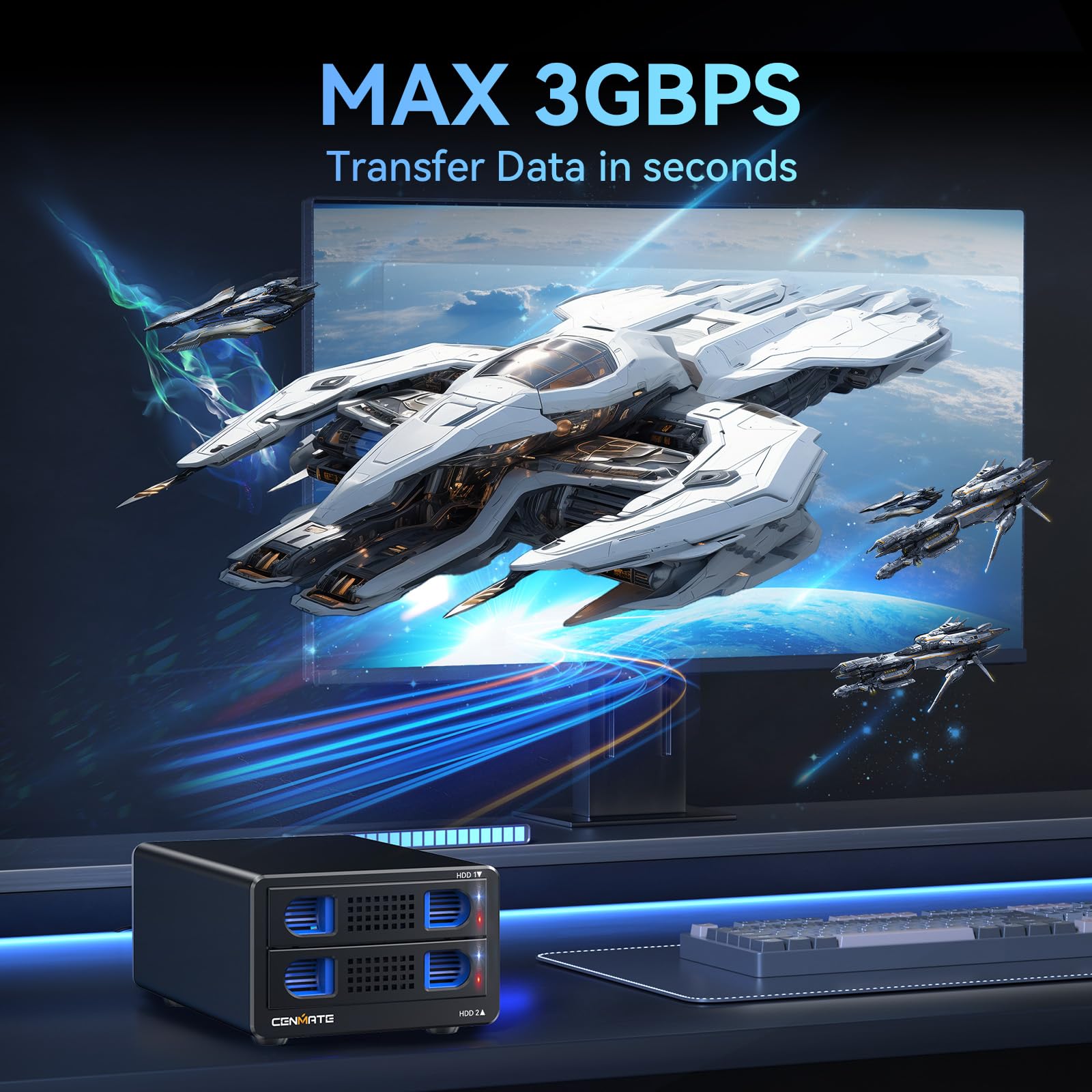 cenmate CENMATE Aluminum Dual Bay Hard Drive RAID Enclosure with Cooling Fan for SATA HDD SSD USB A C 3.0 Tool Free 4 Modes RAID Support - View 3 of 8