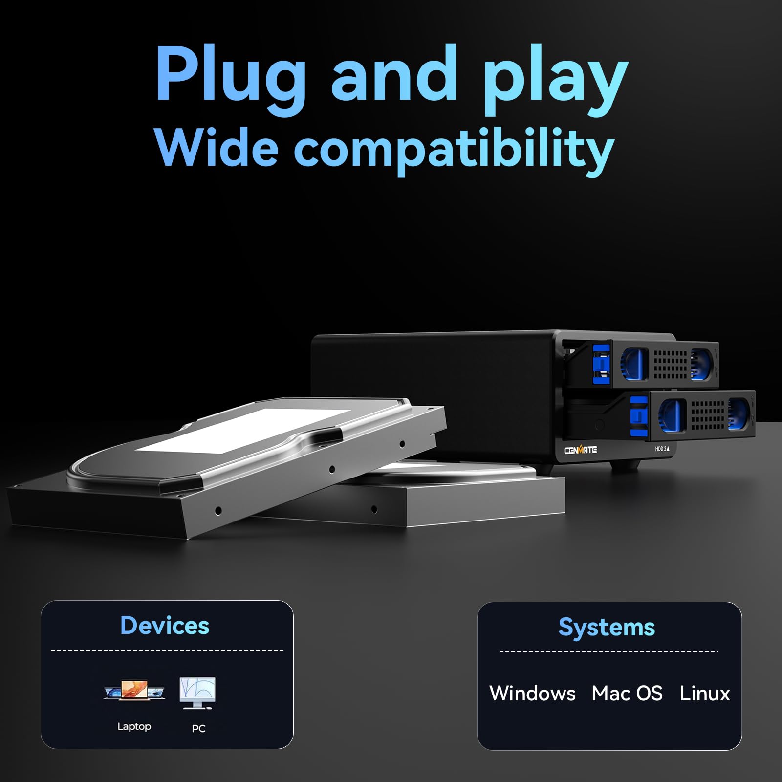 cenmate CENMATE Aluminum Dual Bay Hard Drive RAID Enclosure with Cooling Fan for SATA HDD SSD USB A C 3.0 Tool Free 4 Modes RAID Support - View 7 of 8