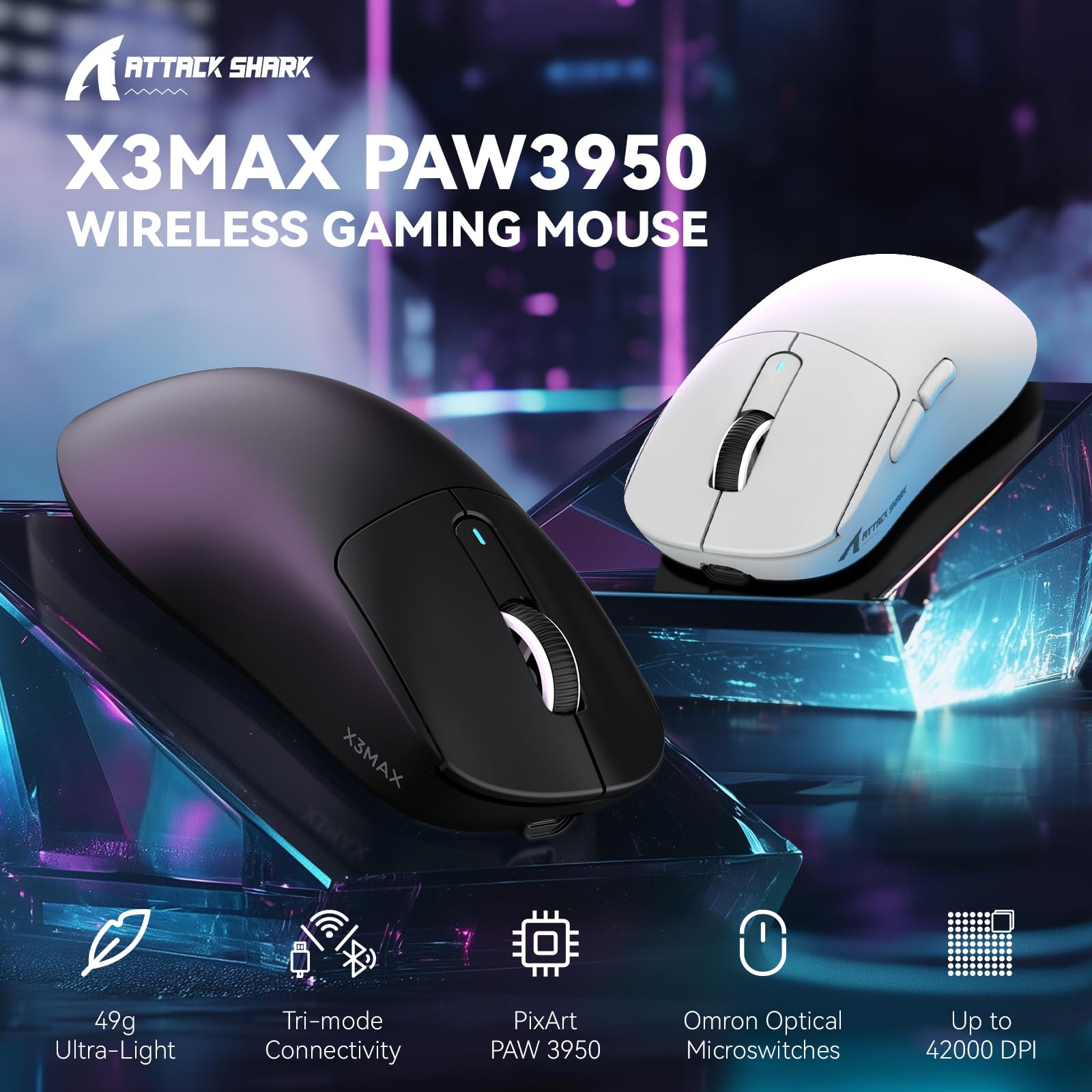 MAMBASNAKE MAMBASNAKE Attack Shark X3MAX Ultralight Wireless Gaming Mouse 42000 DPI Tri-Mode for PC MAC Win Black - View 2 of 9