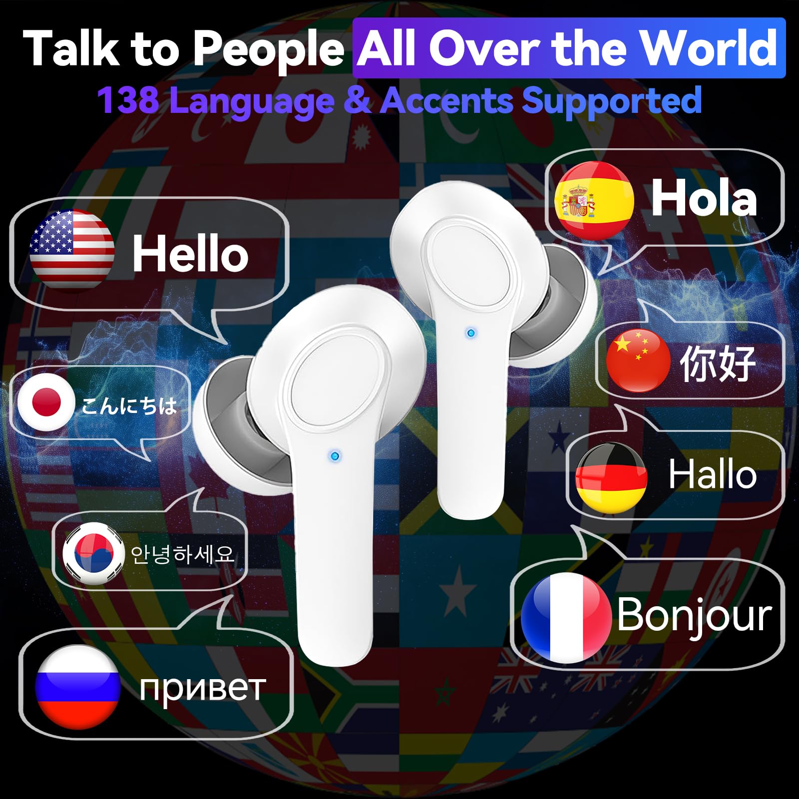HALCONTORNO HALCONTORNO B11 Instant Translator Earbuds 138 Languages Real Time Voice Translation Device White - View 2 of 6