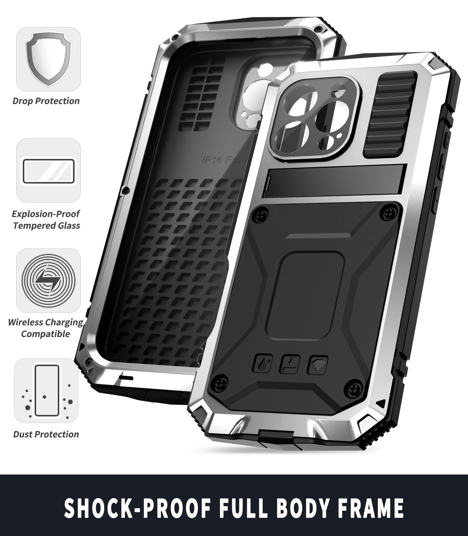 Lunivop Heavy Duty Rugged iPhone 16 Pro Case with Built in Screen Protector and Camera Lens Military Grade Metal Rubber Silver 6.3 Inch - View 6 of 6