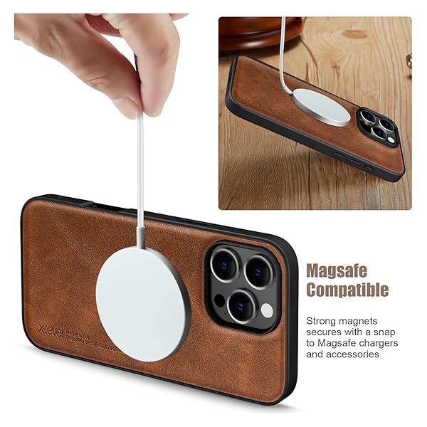 X-level X-level iPhone 16 Pro Case Premium PU Leather Soft TPU Bumper with Screen and Camera Lens Protectors Compatible with MagSafe Brown - View 7 of 8