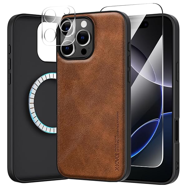 X-level X-level iPhone 16 Pro Case Premium PU Leather Soft TPU Bumper with Screen and Camera Lens Protectors Compatible with MagSafe Brown
