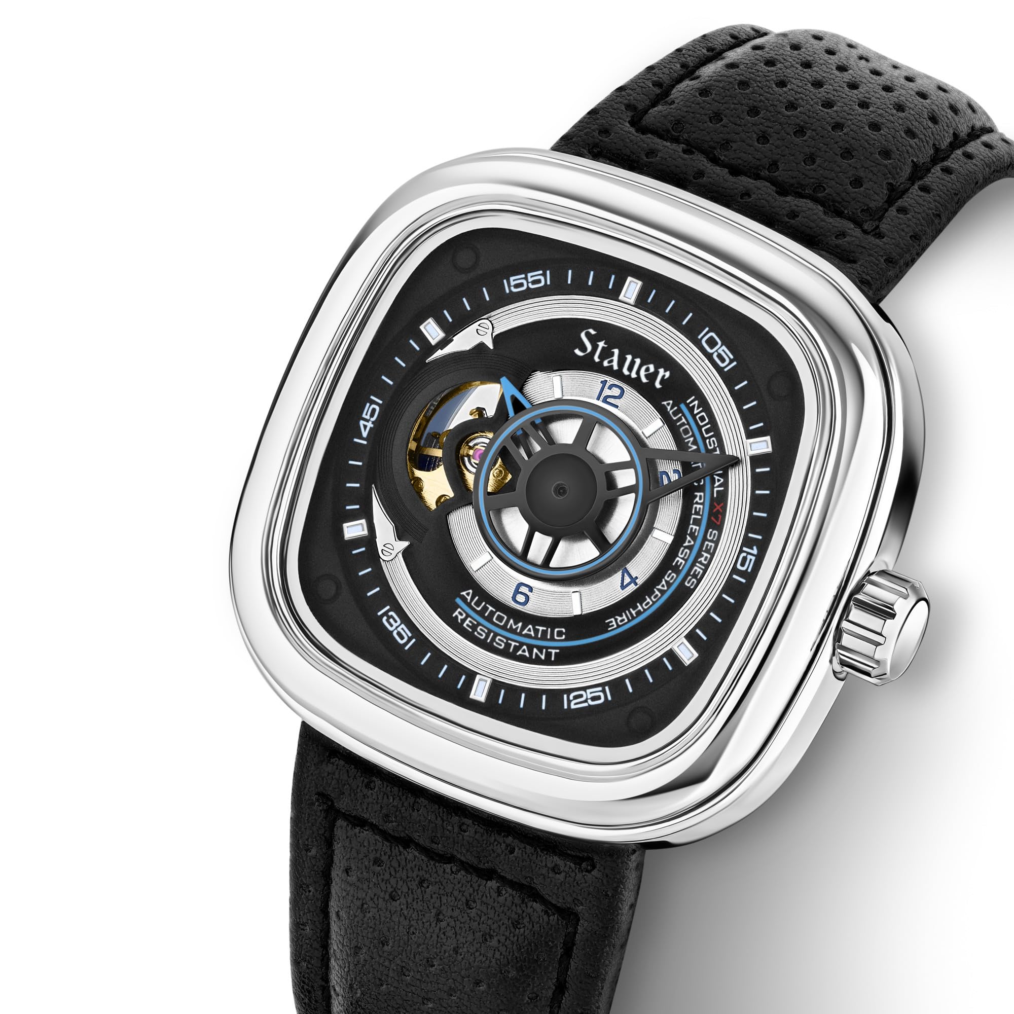 Stauer Stauer Square Skeleton Automatic Watch for Men 44mm Silver Case Black Dial 21 Jewel Movement Leather Strap - View 2 of 7