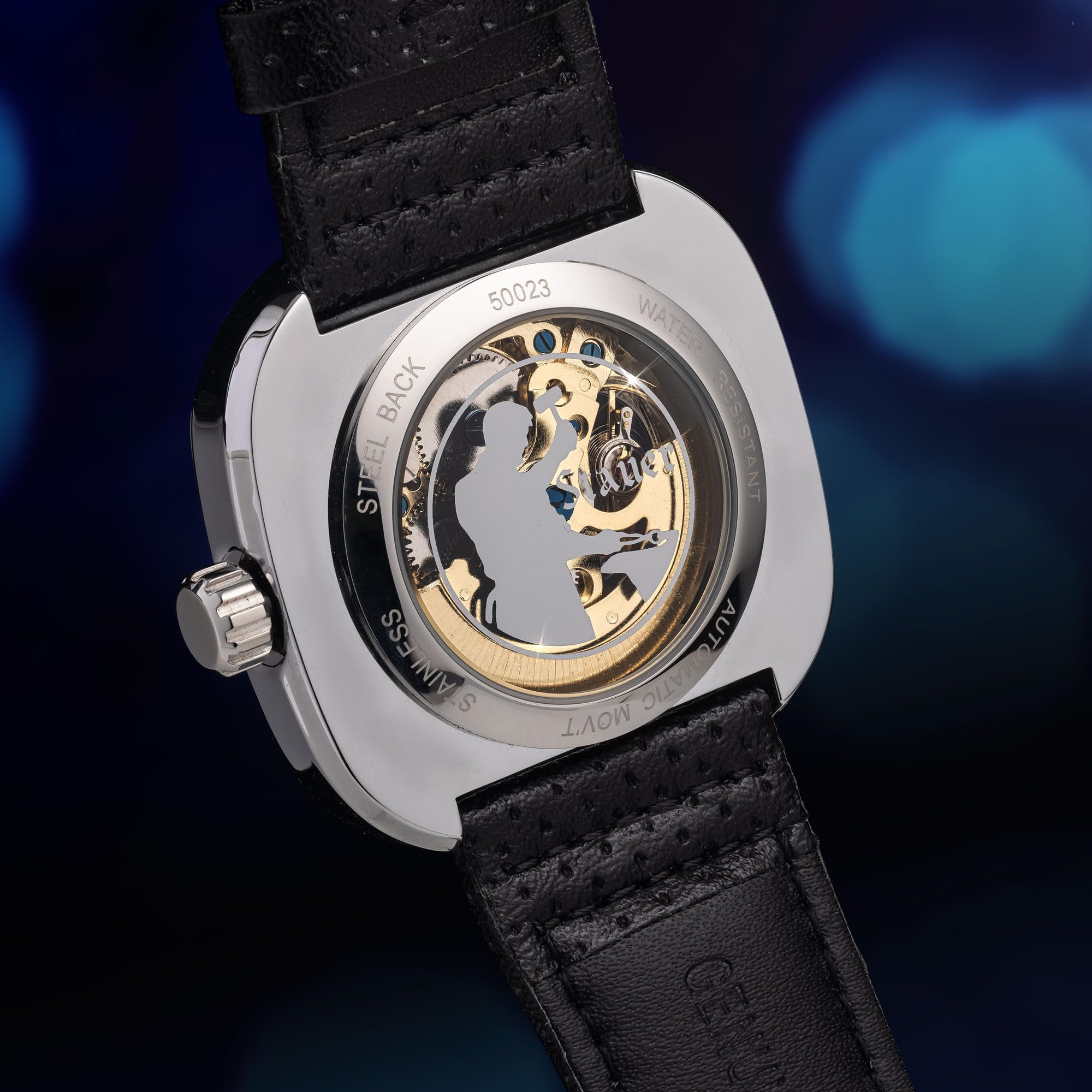 Stauer Stauer Square Skeleton Automatic Watch for Men 44mm Silver Case Black Dial 21 Jewel Movement Leather Strap - View 4 of 7