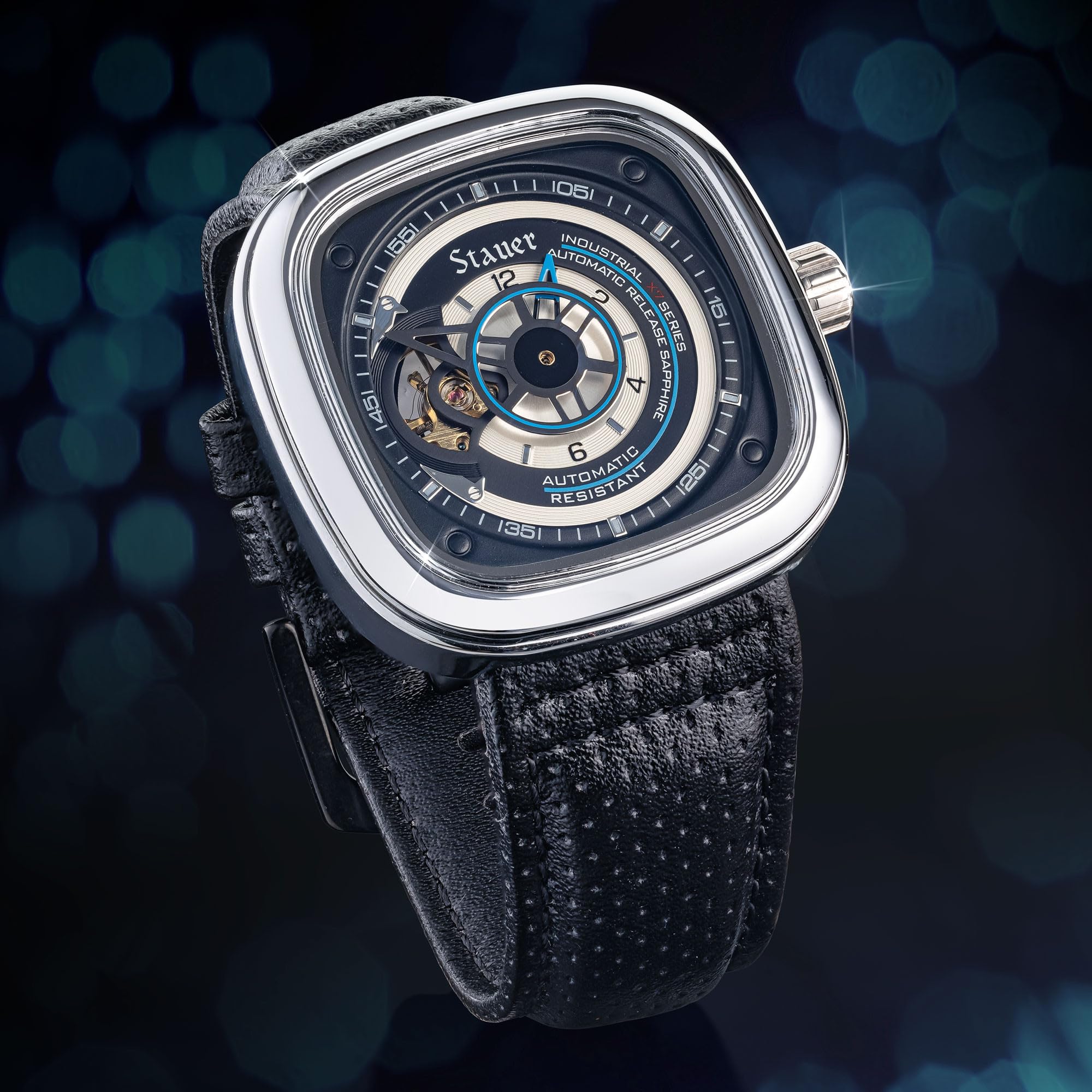 Stauer Stauer Square Skeleton Automatic Watch for Men 44mm Silver Case Black Dial 21 Jewel Movement Leather Strap - View 5 of 7