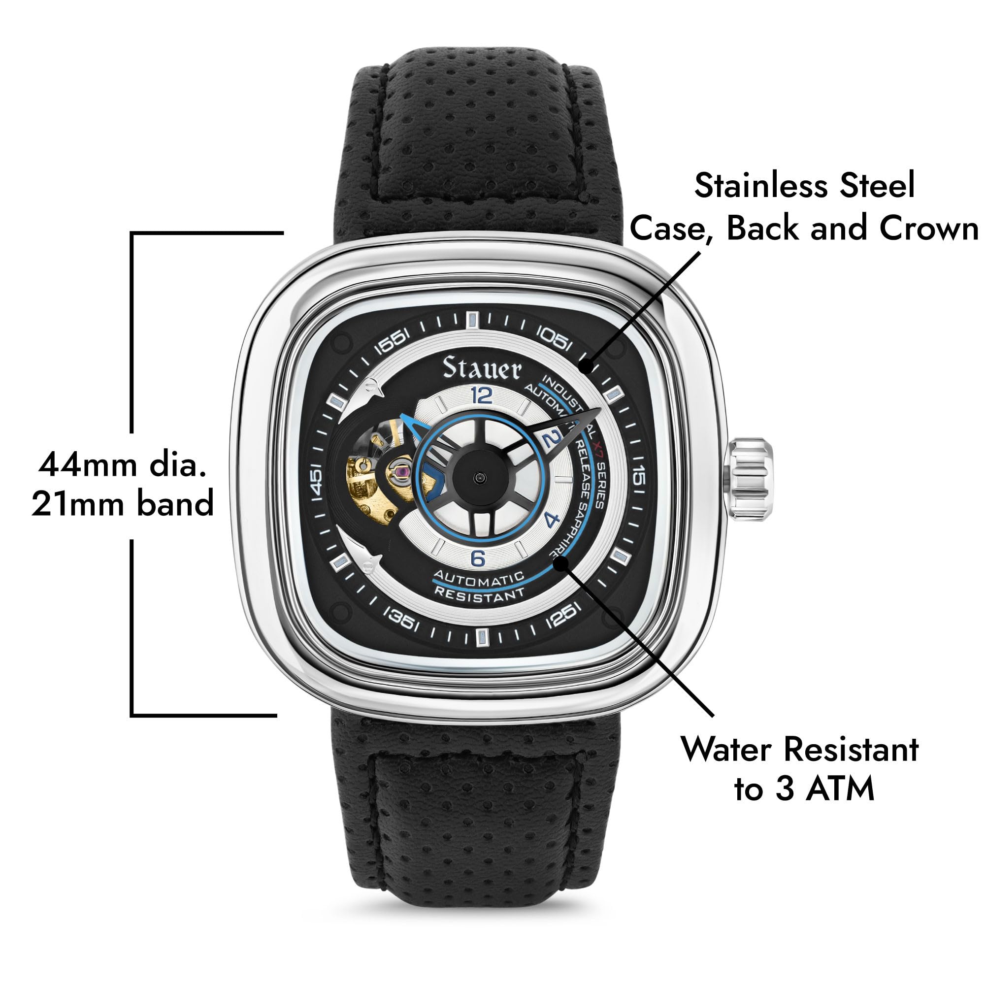 Stauer Stauer Square Skeleton Automatic Watch for Men 44mm Silver Case Black Dial 21 Jewel Movement Leather Strap - View 6 of 7