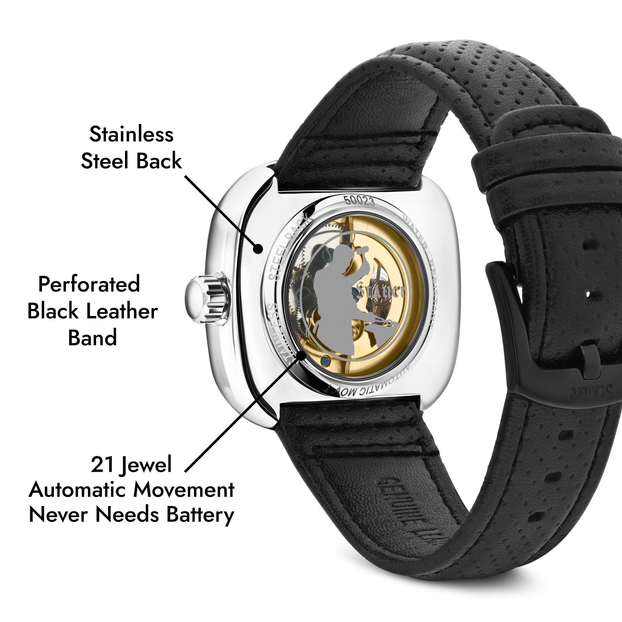 Stauer Stauer Square Skeleton Automatic Watch for Men 44mm Silver Case Black Dial 21 Jewel Movement Leather Strap - View 7 of 7