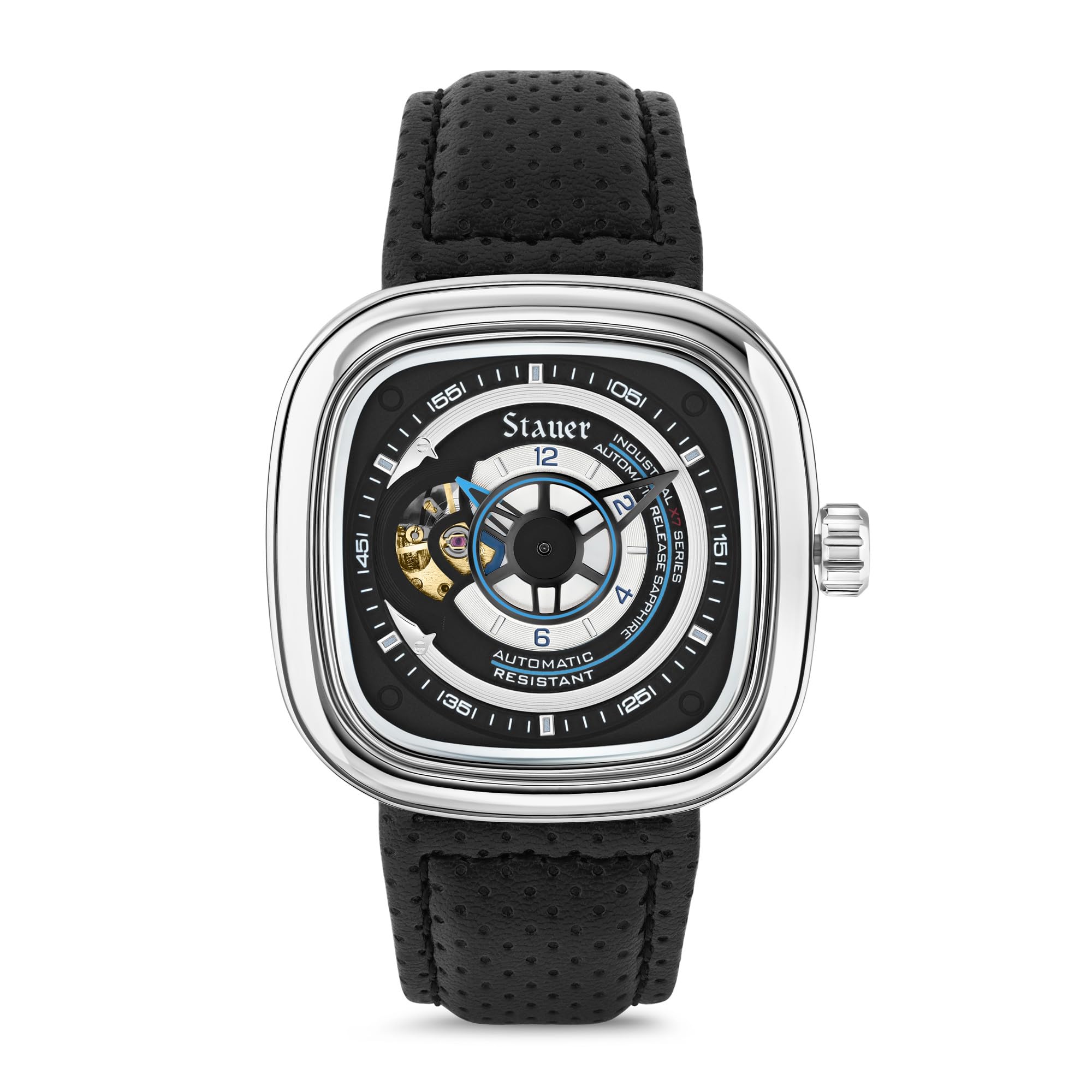 Stauer Stauer Square Skeleton Automatic Watch for Men 44mm Silver Case Black Dial 21 Jewel Movement Leather Strap