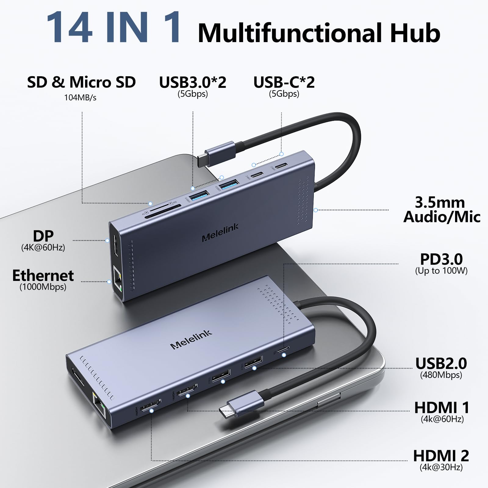 Melelink USB C Docking Station Dual Monitor 14 in 1 Triple Display Hub with 2 HDMI 4K DisplayPort PD Charging Ethernet and 6 Ports for Laptops - View 2 of 7