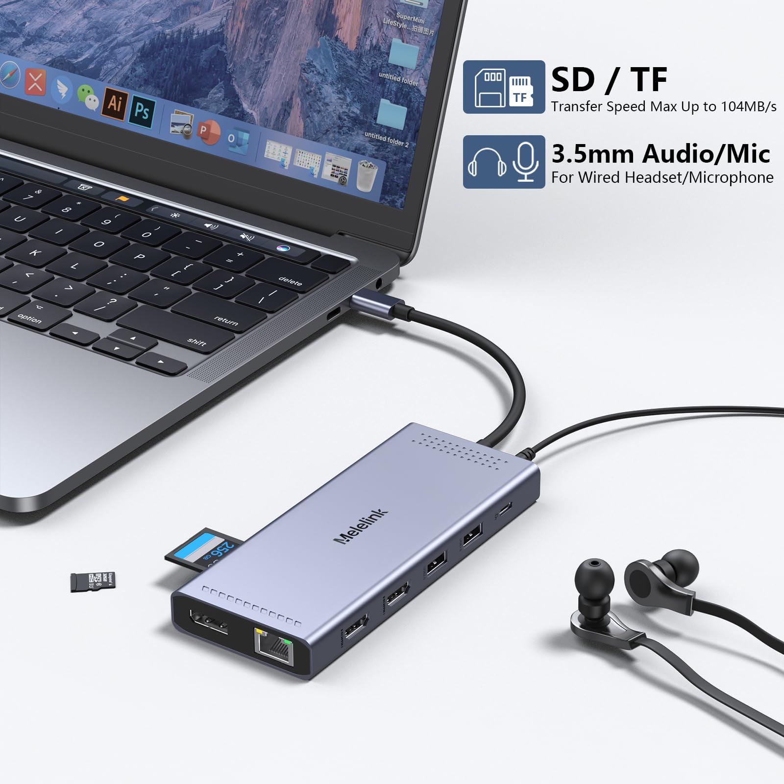 Melelink USB C Docking Station Dual Monitor 14 in 1 Triple Display Hub with 2 HDMI 4K DisplayPort PD Charging Ethernet and 6 Ports for Laptops - View 7 of 7