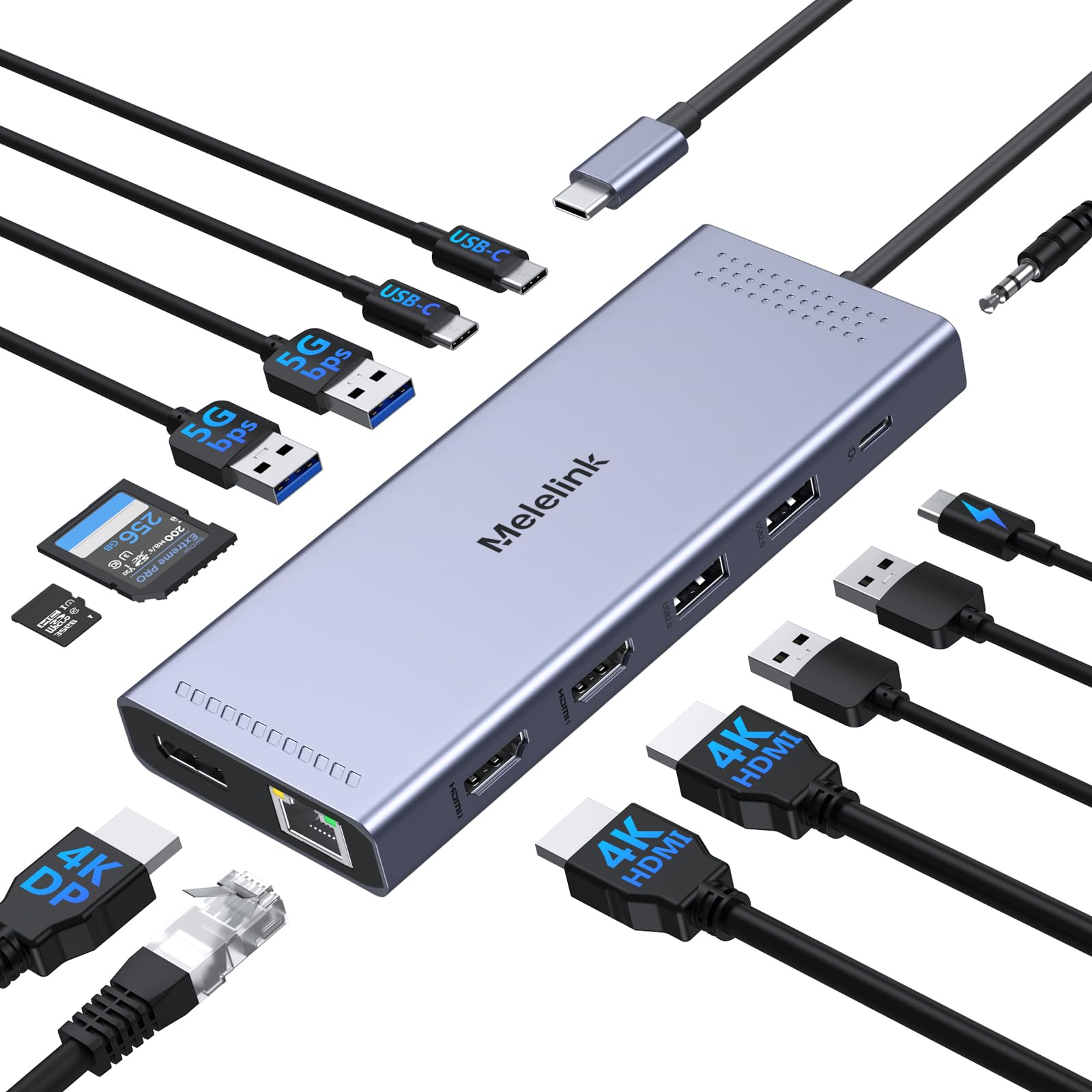 Melelink USB C Docking Station Dual Monitor 14 in 1 Triple Display Hub with 2 HDMI 4K DisplayPort PD Charging Ethernet and 6 Ports for Laptops