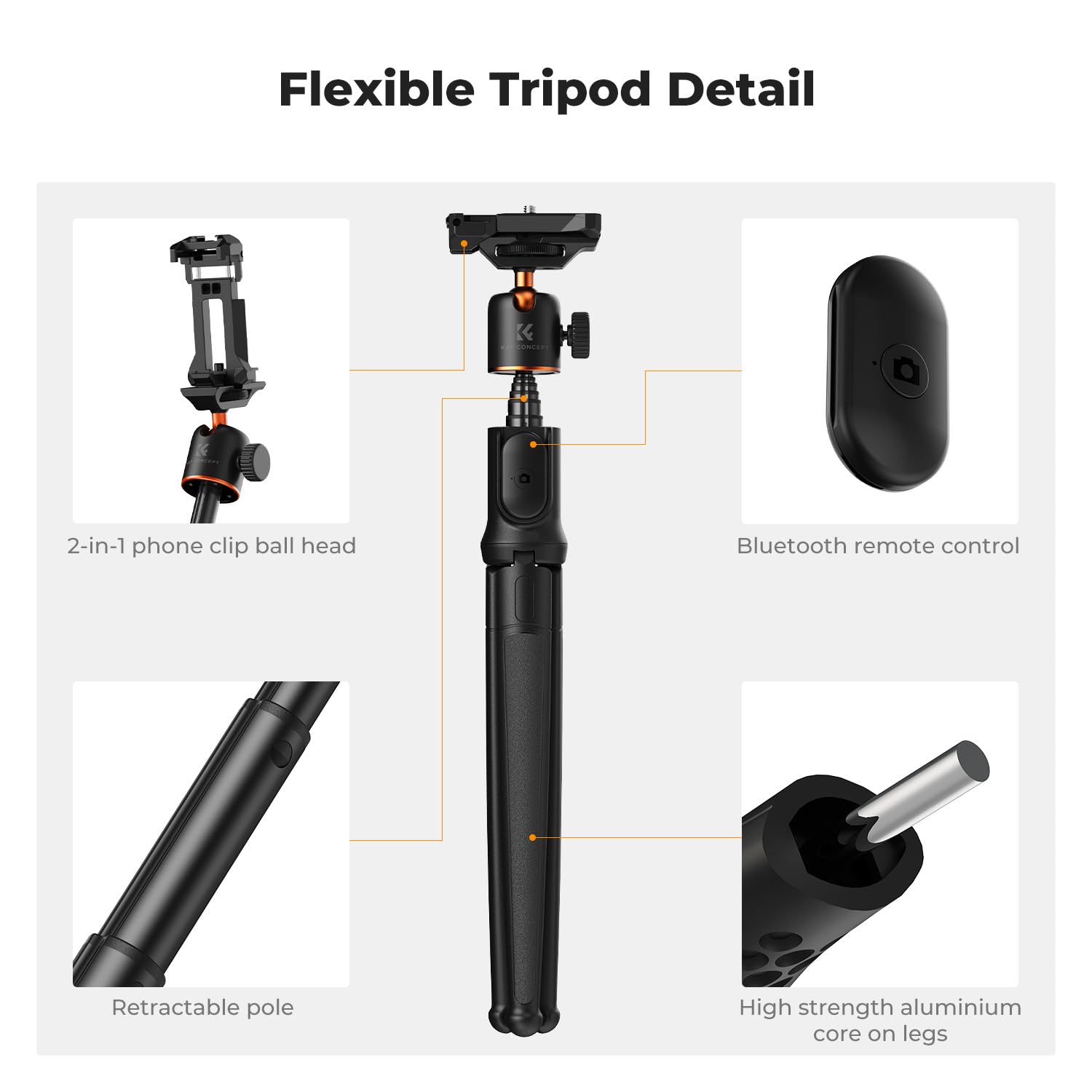 K&F CONCEPT K&F Concept Extendable Phone Tripod Flexible Tripod with Remote 3 in 1 Selfie Stick for iPhone Samsung Canon Nikon Sony Cameras - View 2 of 7