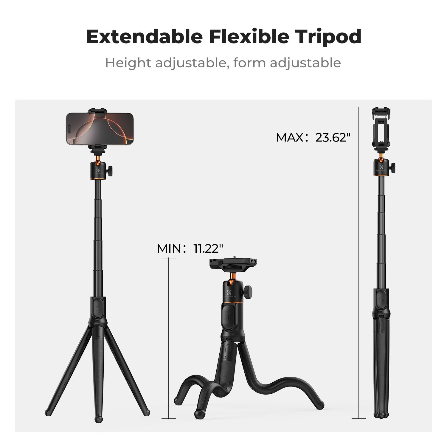 K&F CONCEPT K&F Concept Extendable Phone Tripod Flexible Tripod with Remote 3 in 1 Selfie Stick for iPhone Samsung Canon Nikon Sony Cameras - View 3 of 7