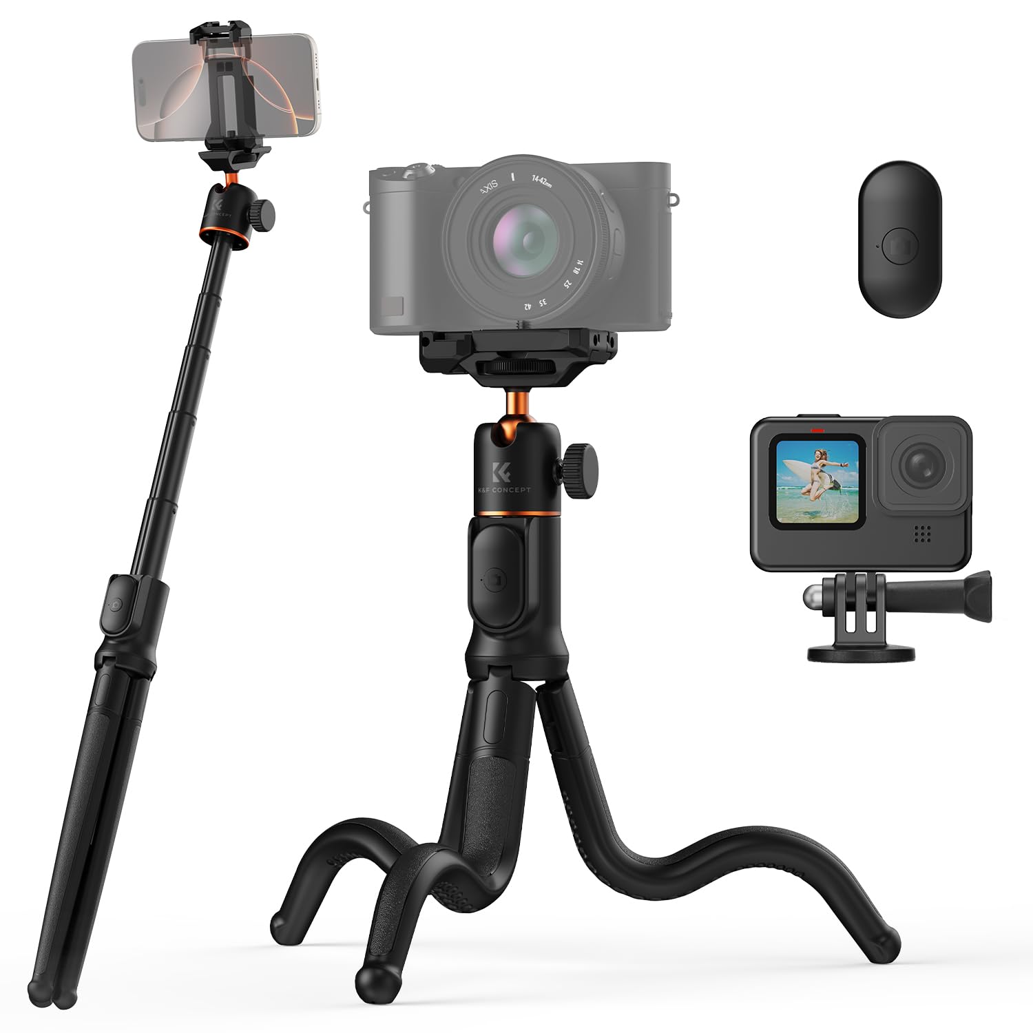 K&F Concept Extendable Phone Tripod Flexible Tripod with Remote 3 in 1 Selfie Stick for iPhone Samsung Canon Nikon Sony Cameras