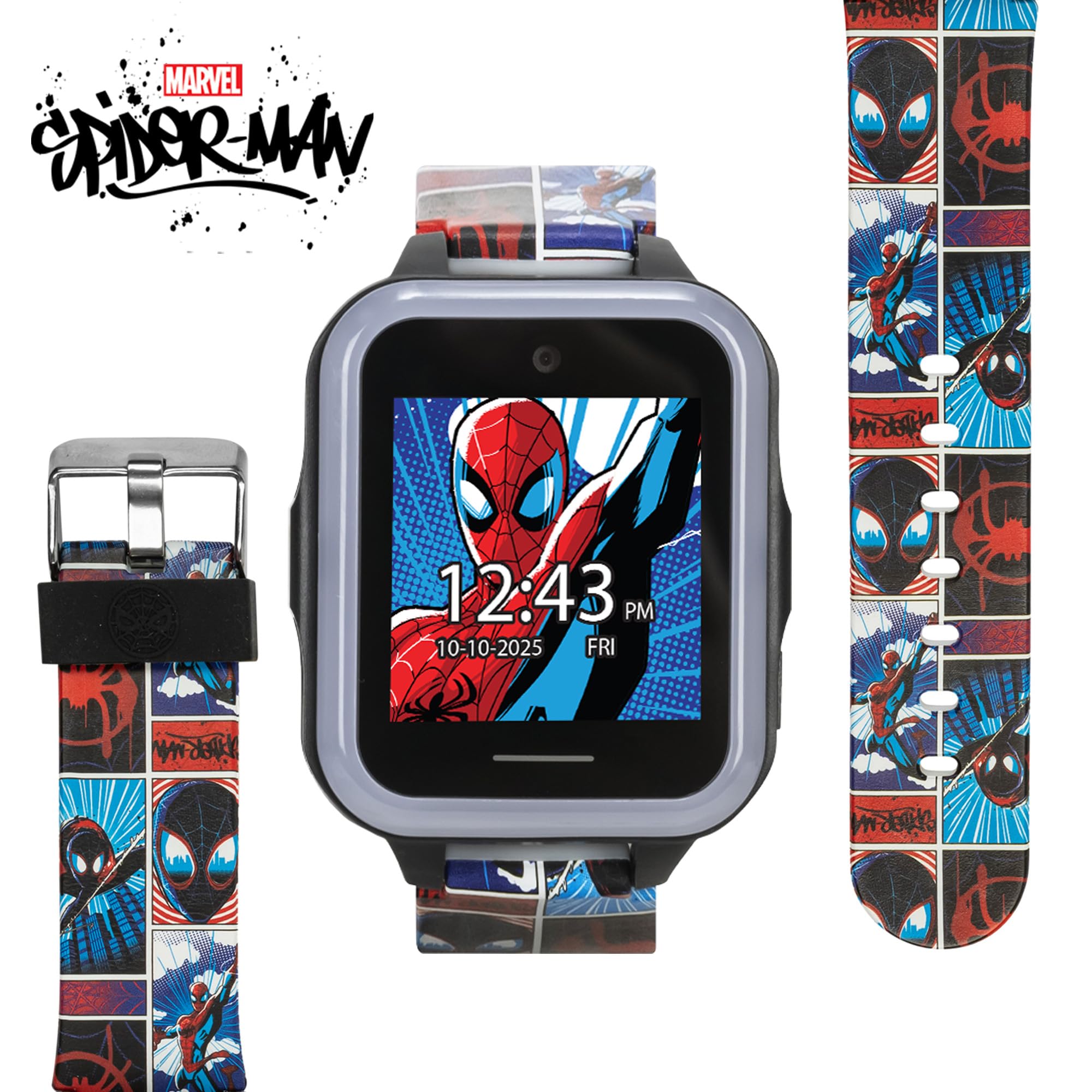 Accutime Marvel Spider-Man Kids Interactive Smartwatch Touchscreen Games Camera Timer Pedometer 10 Watch Faces Red Blue Strap LED Light-Up - View 3 of 6