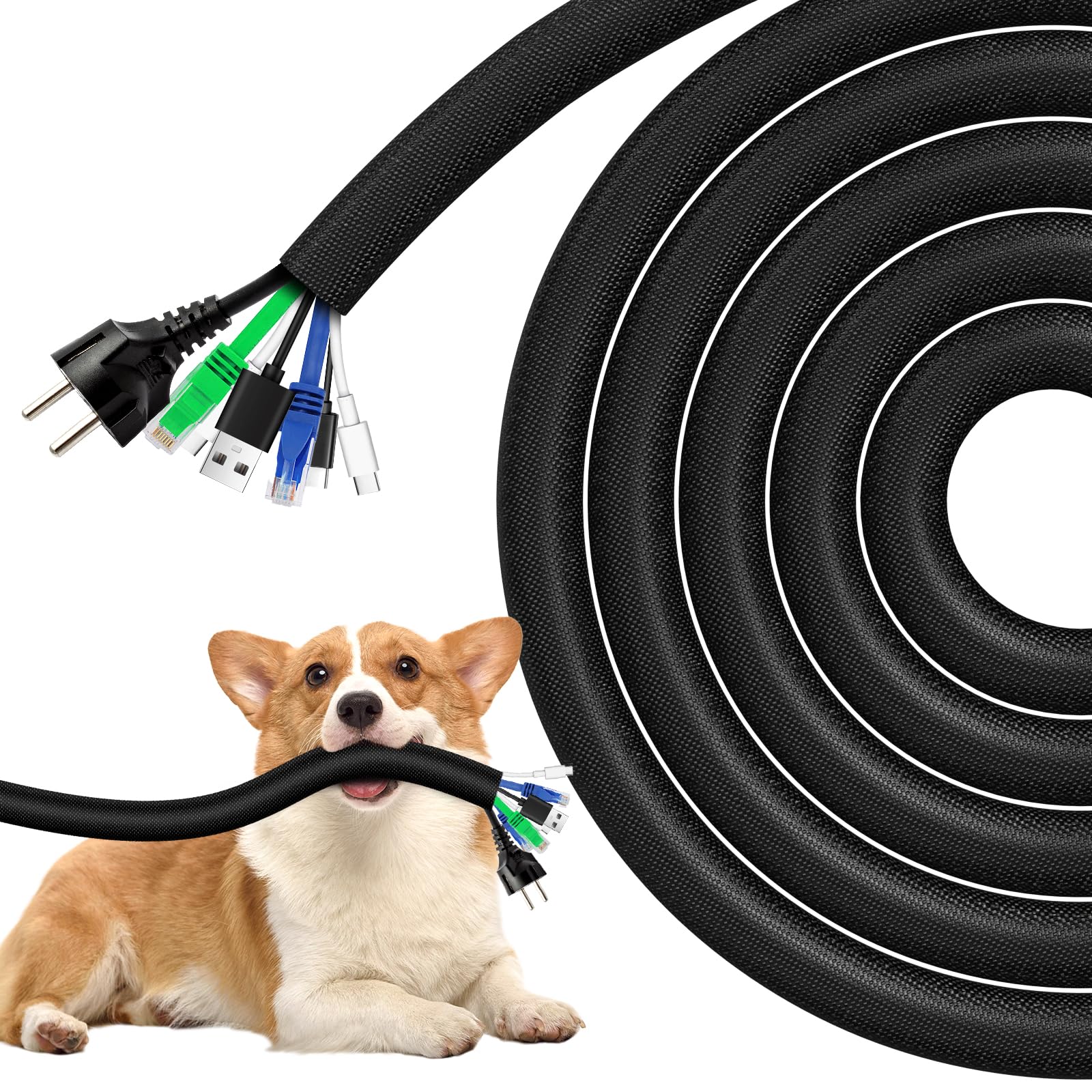 AGPTEK 20ft Cable Sleeve Cover for Pets Cord Protection Self-Wrapping Black 4/5 inch Dog Cat Chew Proof Management for Home Desk Automotive