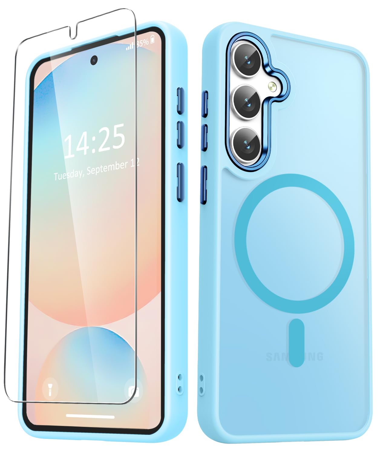 YENAPOON Samsung Galaxy S25 Plus Matte Magnetic Case with Screen Protector Shockproof Translucent Frosted Cover Light Blue