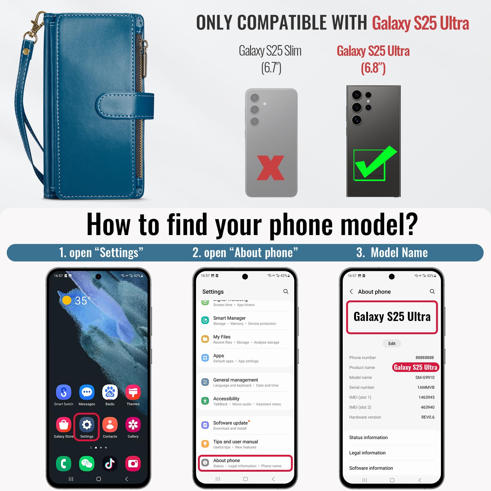 Deekeewe Deekeewe Samsung Galaxy S25 Ultra 5G Wallet Case RFID Blocking PU Leather Flip Cover with Card Holder Zipper Wrist Strap Kickstand Blue - View 2 of 6