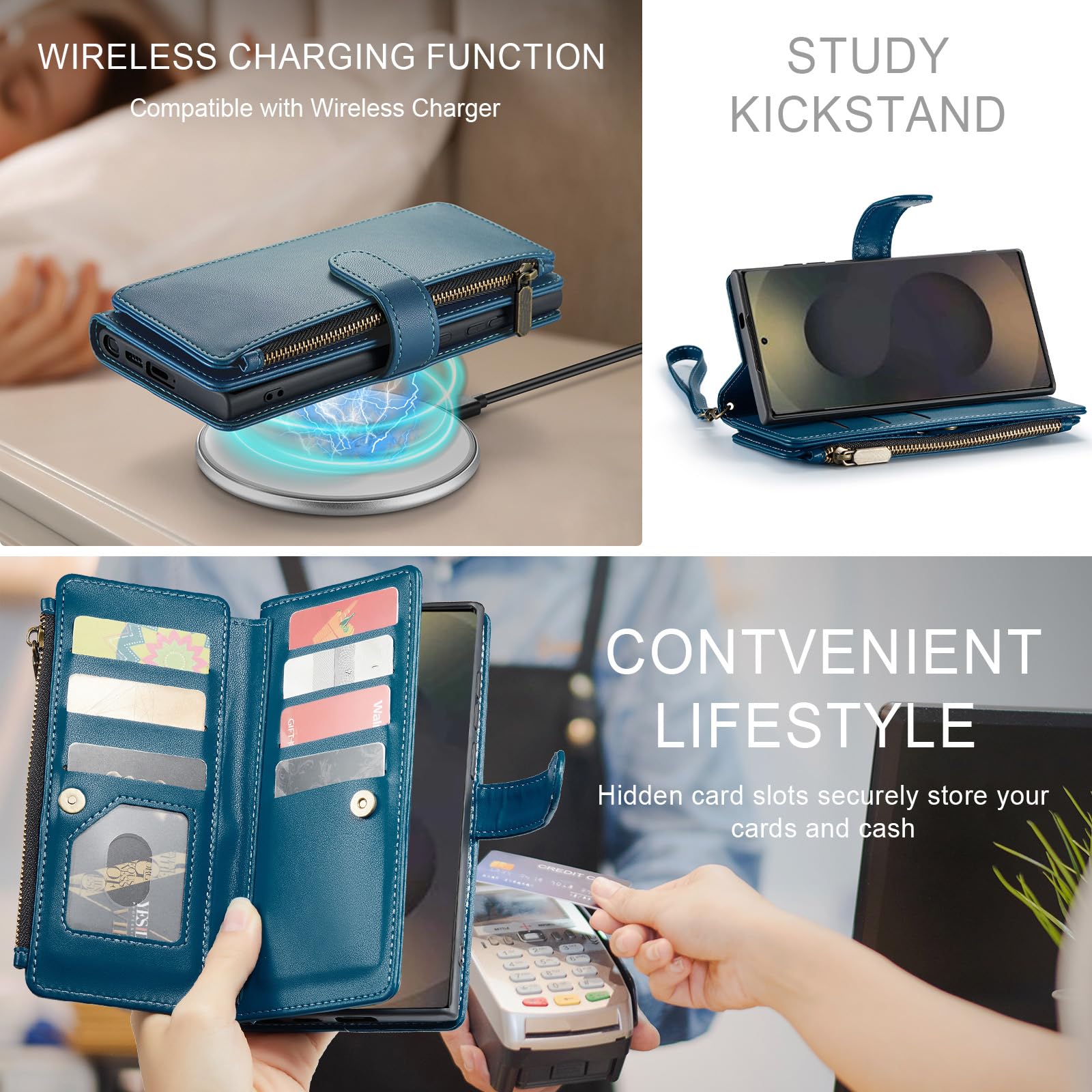 Deekeewe Deekeewe Samsung Galaxy S25 Ultra 5G Wallet Case RFID Blocking PU Leather Flip Cover with Card Holder Zipper Wrist Strap Kickstand Blue - View 3 of 6