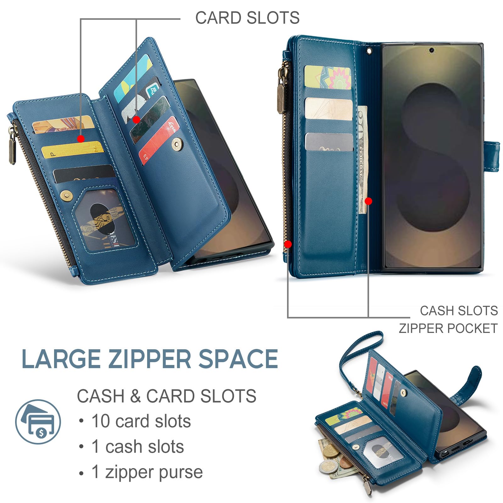 Deekeewe Deekeewe Samsung Galaxy S25 Ultra 5G Wallet Case RFID Blocking PU Leather Flip Cover with Card Holder Zipper Wrist Strap Kickstand Blue - View 4 of 6