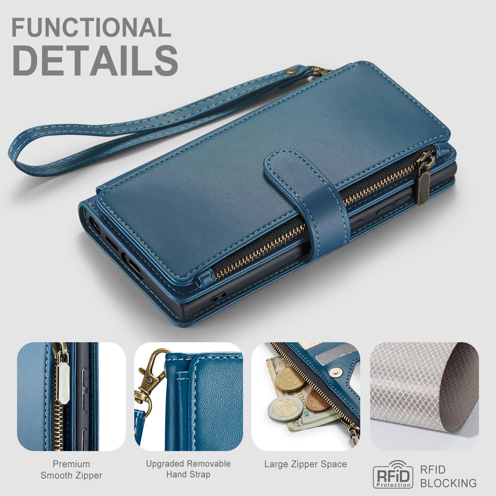 Deekeewe Deekeewe Samsung Galaxy S25 Ultra 5G Wallet Case RFID Blocking PU Leather Flip Cover with Card Holder Zipper Wrist Strap Kickstand Blue - View 5 of 6