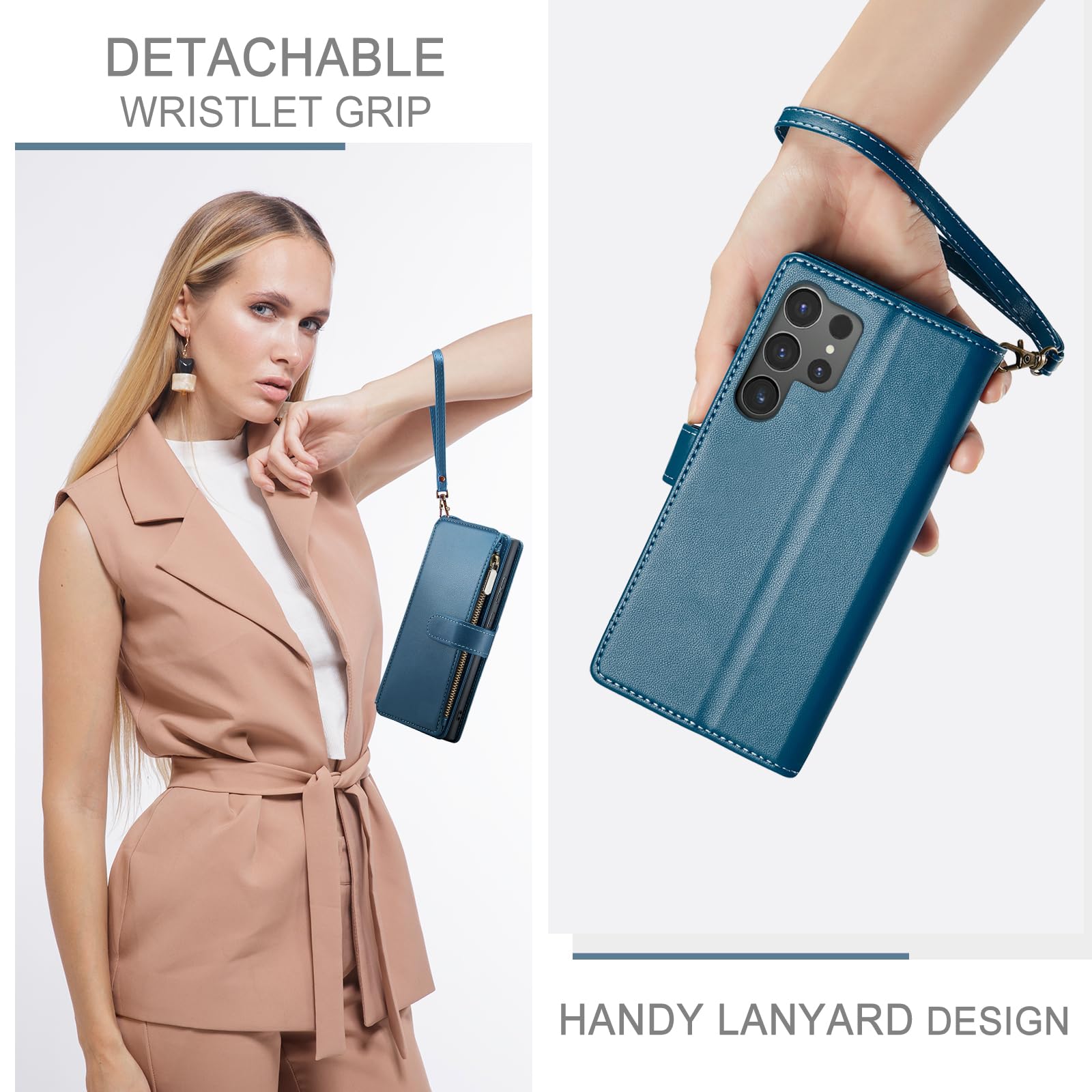 Deekeewe Deekeewe Samsung Galaxy S25 Ultra 5G Wallet Case RFID Blocking PU Leather Flip Cover with Card Holder Zipper Wrist Strap Kickstand Blue - View 6 of 6