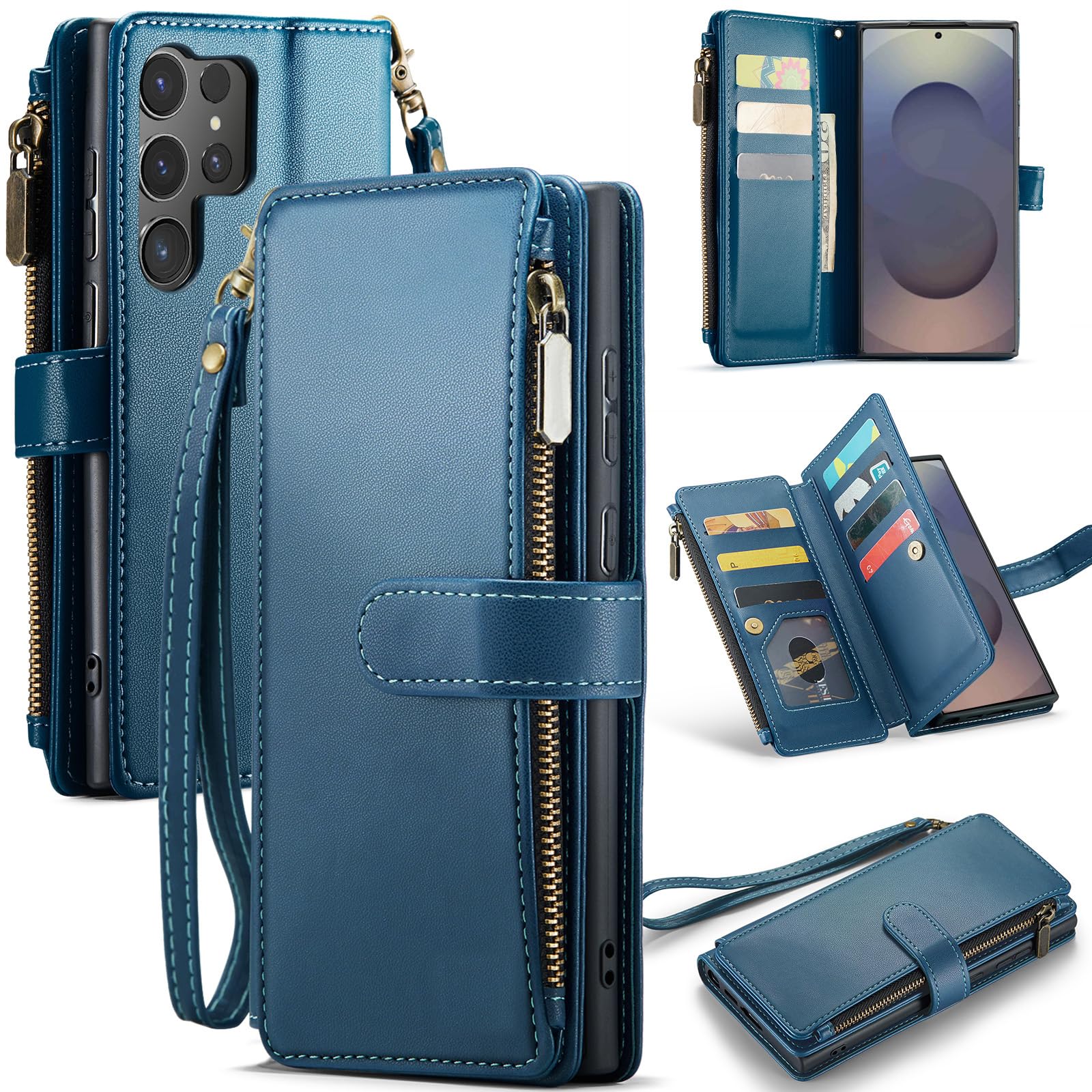 Deekeewe Deekeewe Samsung Galaxy S25 Ultra 5G Wallet Case RFID Blocking PU Leather Flip Cover with Card Holder Zipper Wrist Strap Kickstand Blue