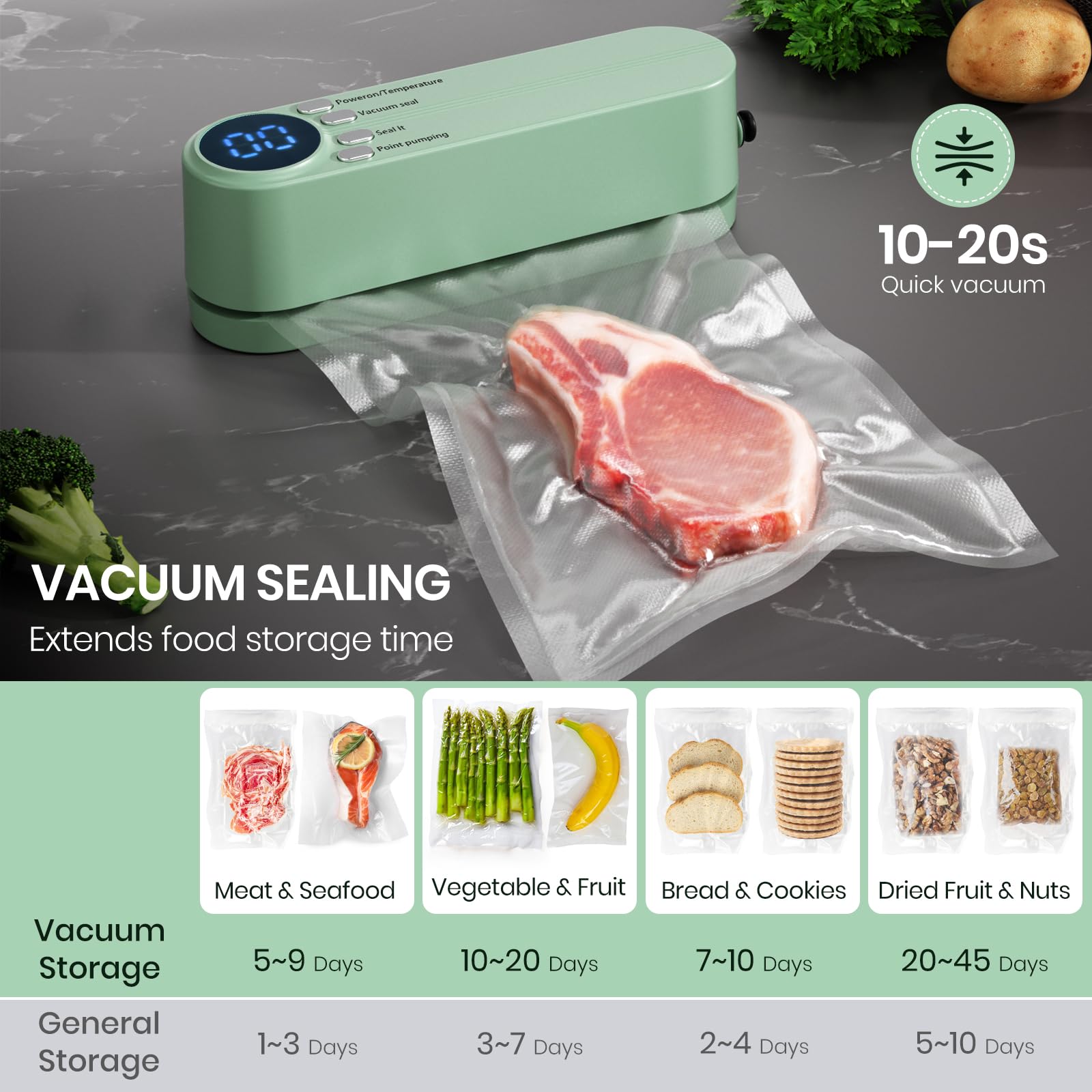 Keledz Mini Vacuum Sealer for Food, 3 in 1 Cordless Rechargeable Food Sealer for Dry/Moist Food Storage with 4 Snack Bags, Heat Sealer for Chip Bags, Inflation Pump for Balls/Swim Ring - Green - View 2 of 7