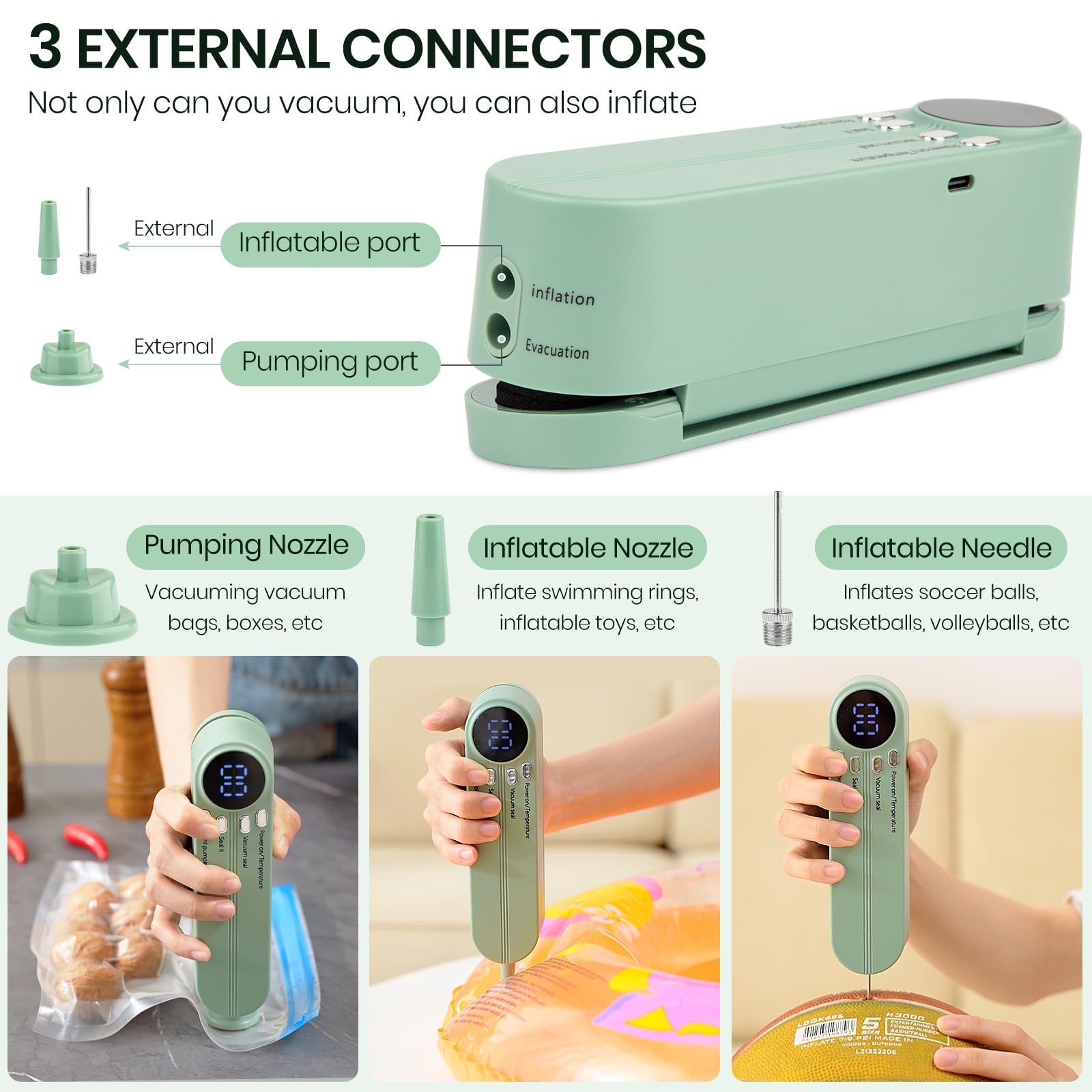 Keledz Mini Vacuum Sealer for Food, 3 in 1 Cordless Rechargeable Food Sealer for Dry/Moist Food Storage with 4 Snack Bags, Heat Sealer for Chip Bags, Inflation Pump for Balls/Swim Ring - Green - View 3 of 7